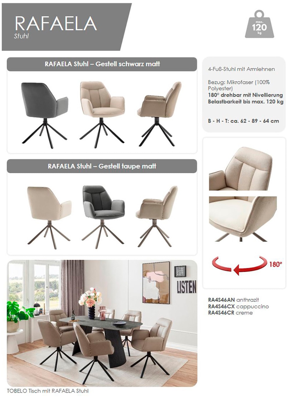 MCA furniture Armlehnstuhl »RAFAELA Esszimmerstuhl (2er Set) - Stuhl« () 180° drehbar, Metall, Mikrofaser, belastbar 120 kg, 2er Set