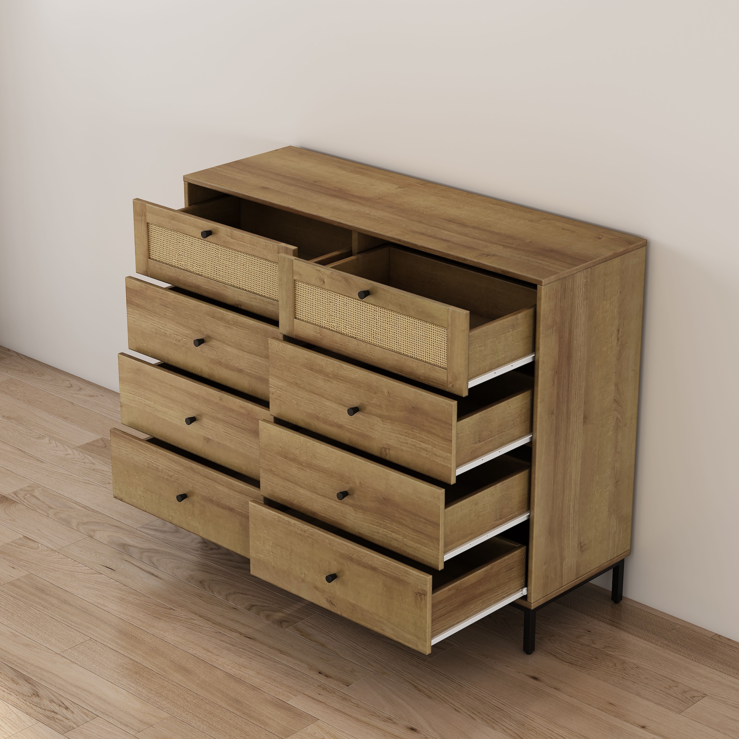 GOODproduct Kombikommode »Motala Wäsche Schrank mit 8 Schubladen Sideboard BOHO Design« Eichen-Design mit schwarzen Griffen und Geflecht Schubladen,  Kommode Schrank Wäscheschrank mit 8 Schubladen