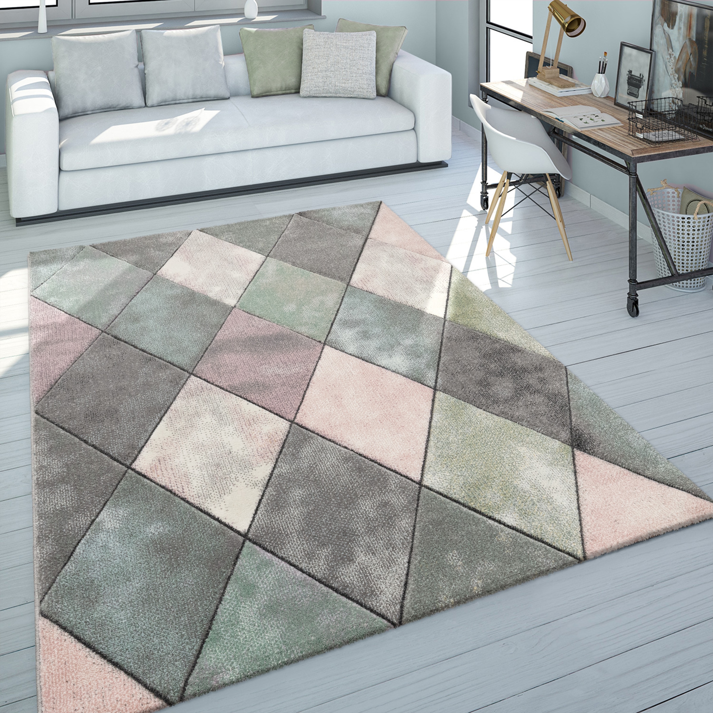 Image of Paco Home Teppich "Lara 238" rechteckig 16 mm Höhe Kurzflor, Pastell-Farben, handgefertigter Konturenschnitt