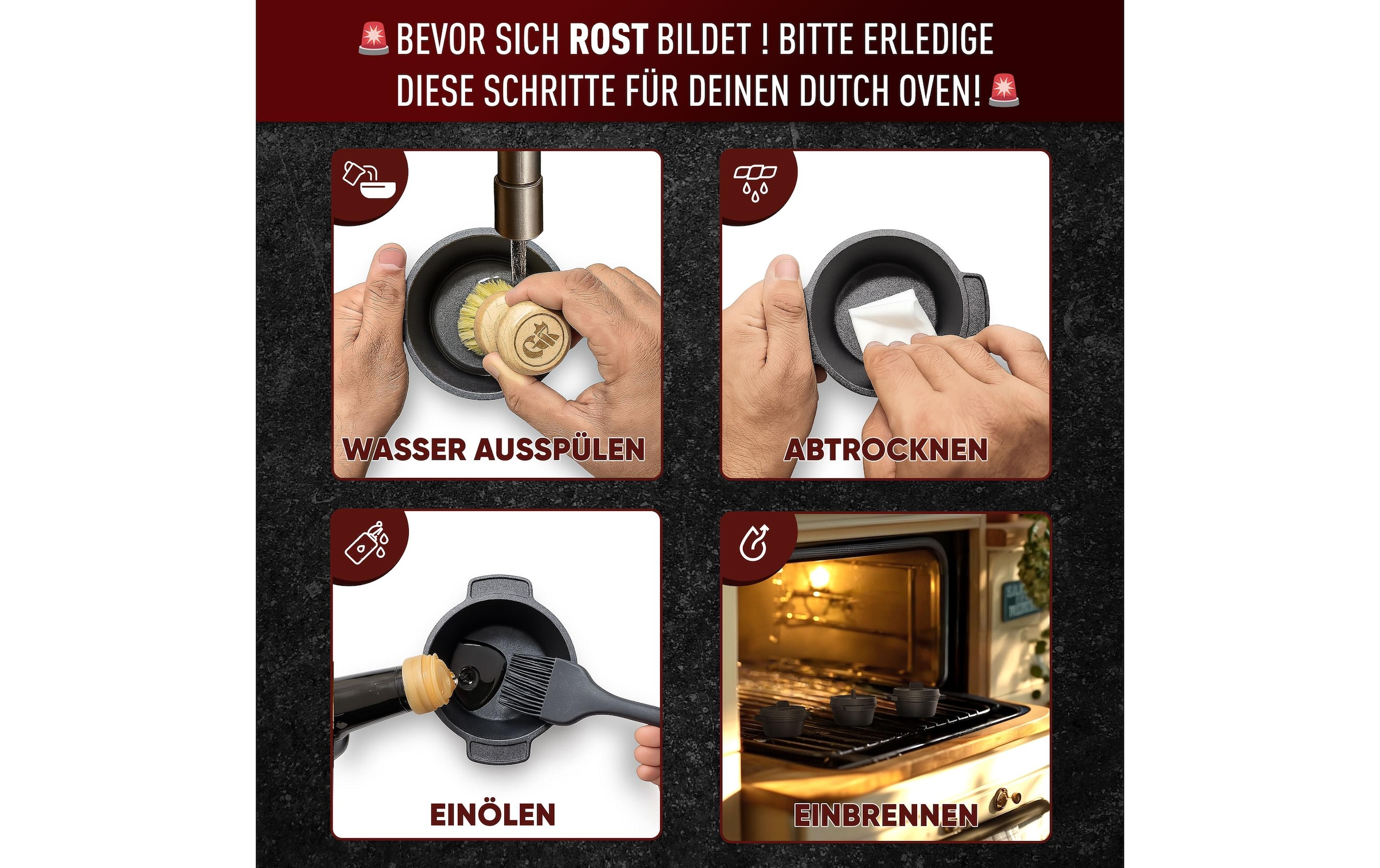   Marmite à barbecue »Gusskoenig Mini Dutch Set 4 Töpfe, Untersetzer« 8 cuis tlg. Set 4 Töpfe mit Holz-Untersetzern und Rezeptbuch