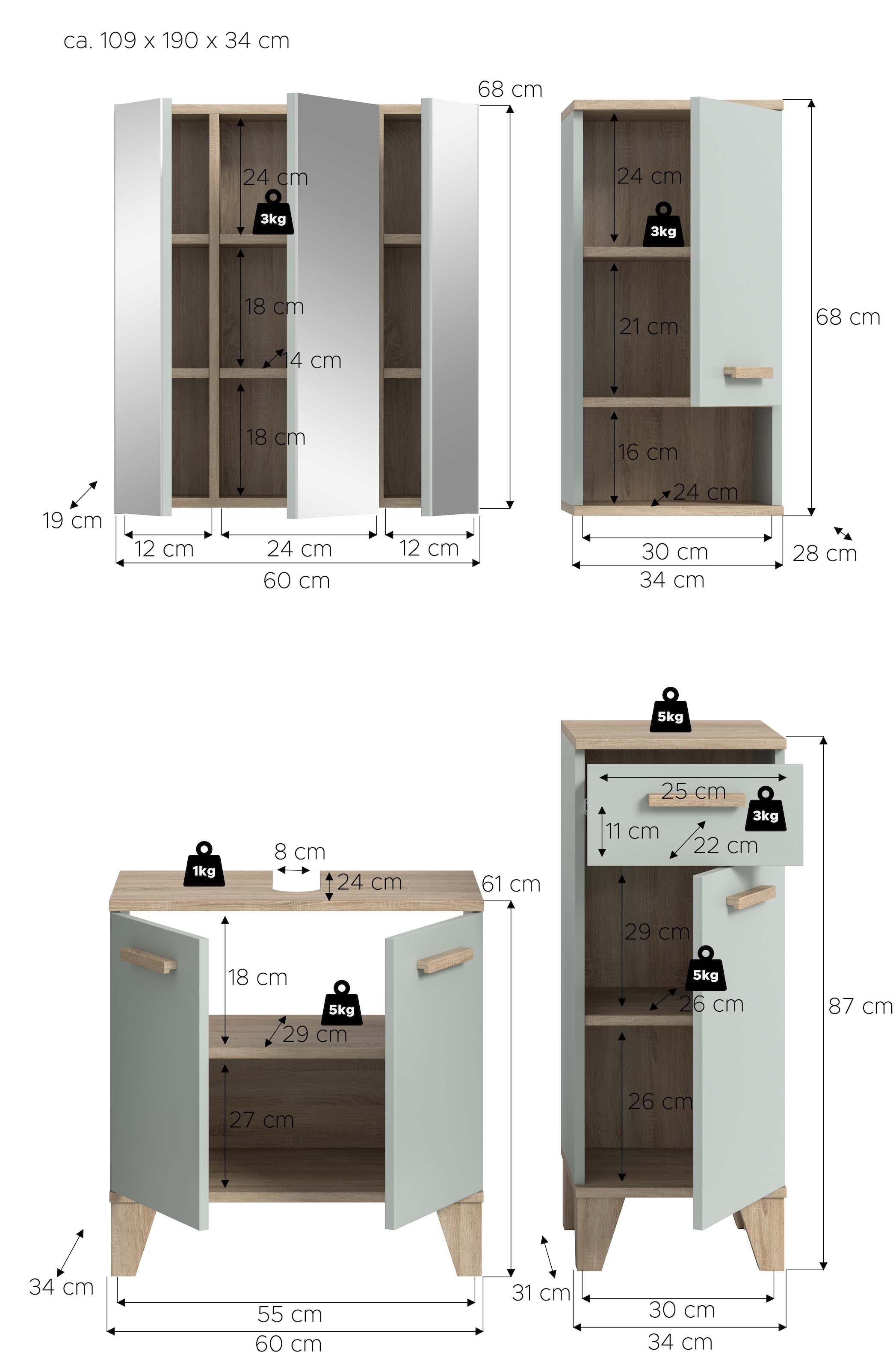 welltime Badmöbel-Set »MINTTU, 4-teilige moderne Badkombination im SCANDI-Look« bestehend aus: Midischrank, WBU, Spiegelschrank, Hängeschrank, 4 Stk. tlg.