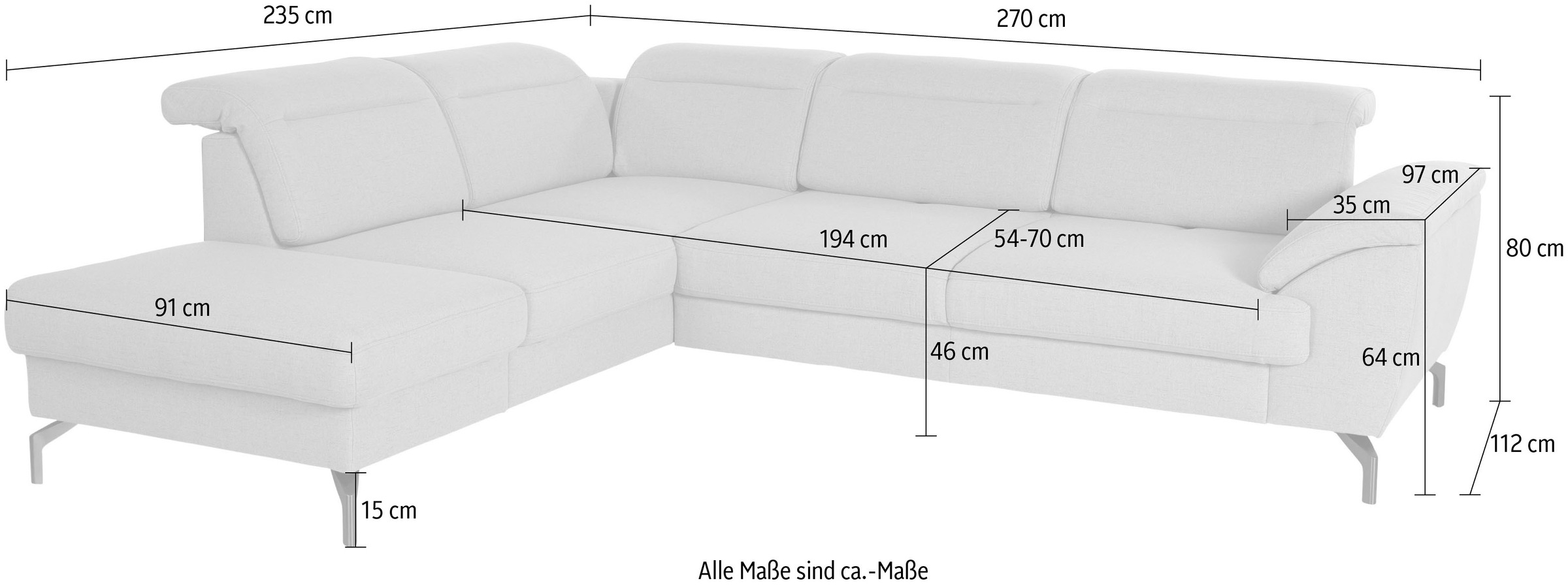 sit&more Ecksofa »Percy L-Form«, 15 cm Fusshöhe, Sitztiefenverstellung, wahlweise in 2 Fussfarben
