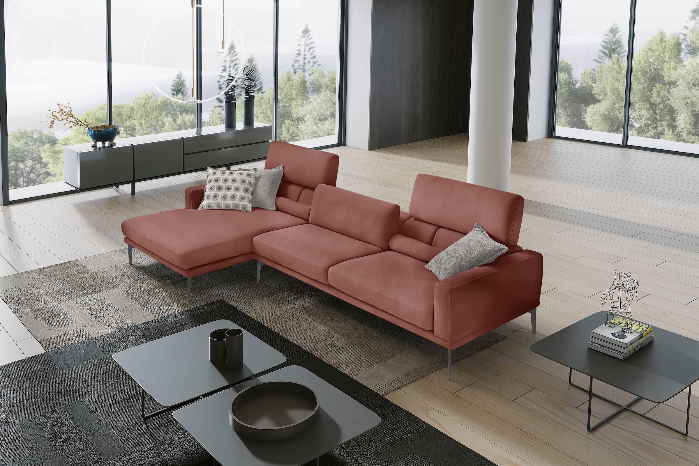 Egoitaliano Ecksofa »Masu, Design trifft sensationellen Sitzkomfort«, inkl. 2 Kissenrollen, Rückenelemente manuell verstellbar, Metallfüsse