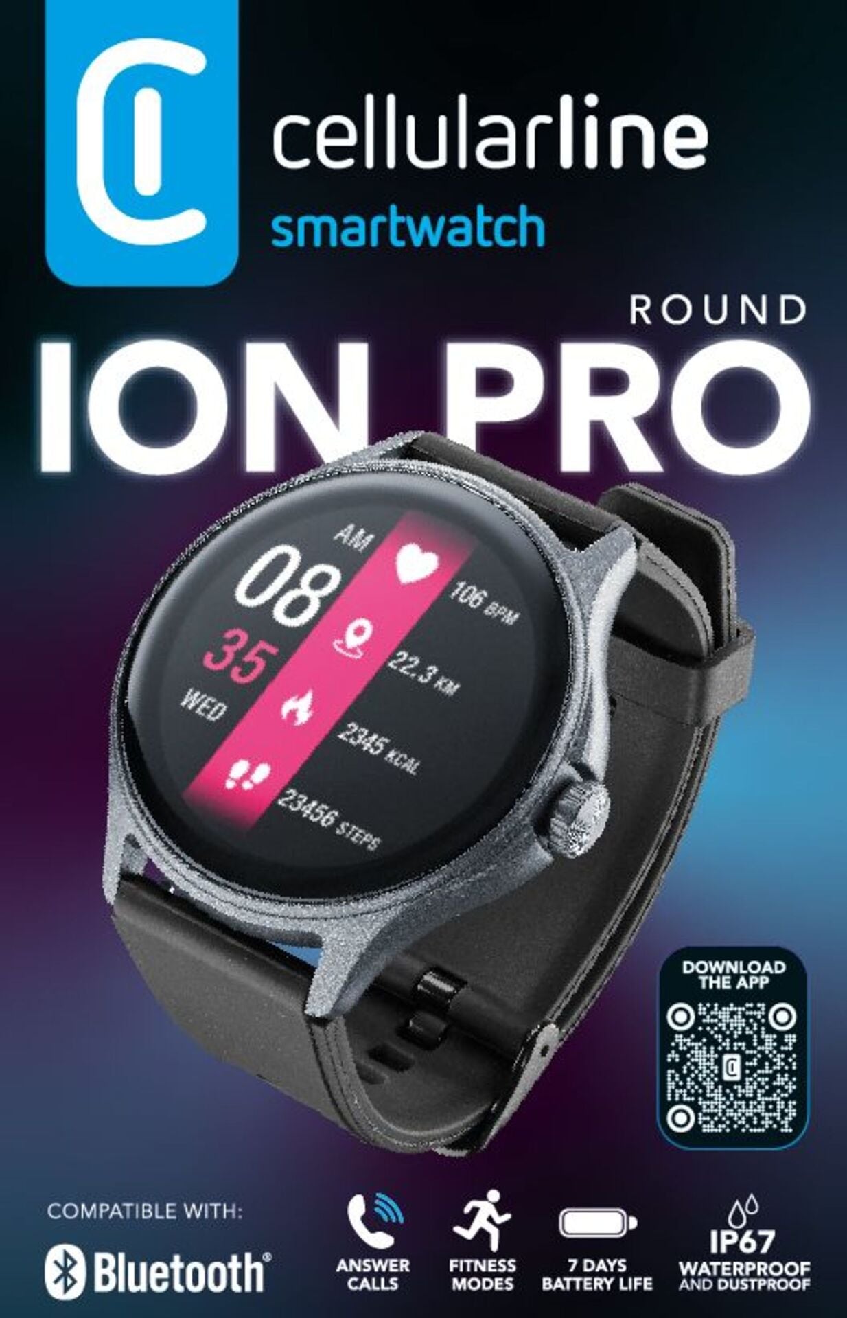 Cellularline Smartwatch »ION PRO ROUND« (3,5 cm / 1,38;Beschleunigungssensor;Herzfrequenzsensor ″) Proprietär