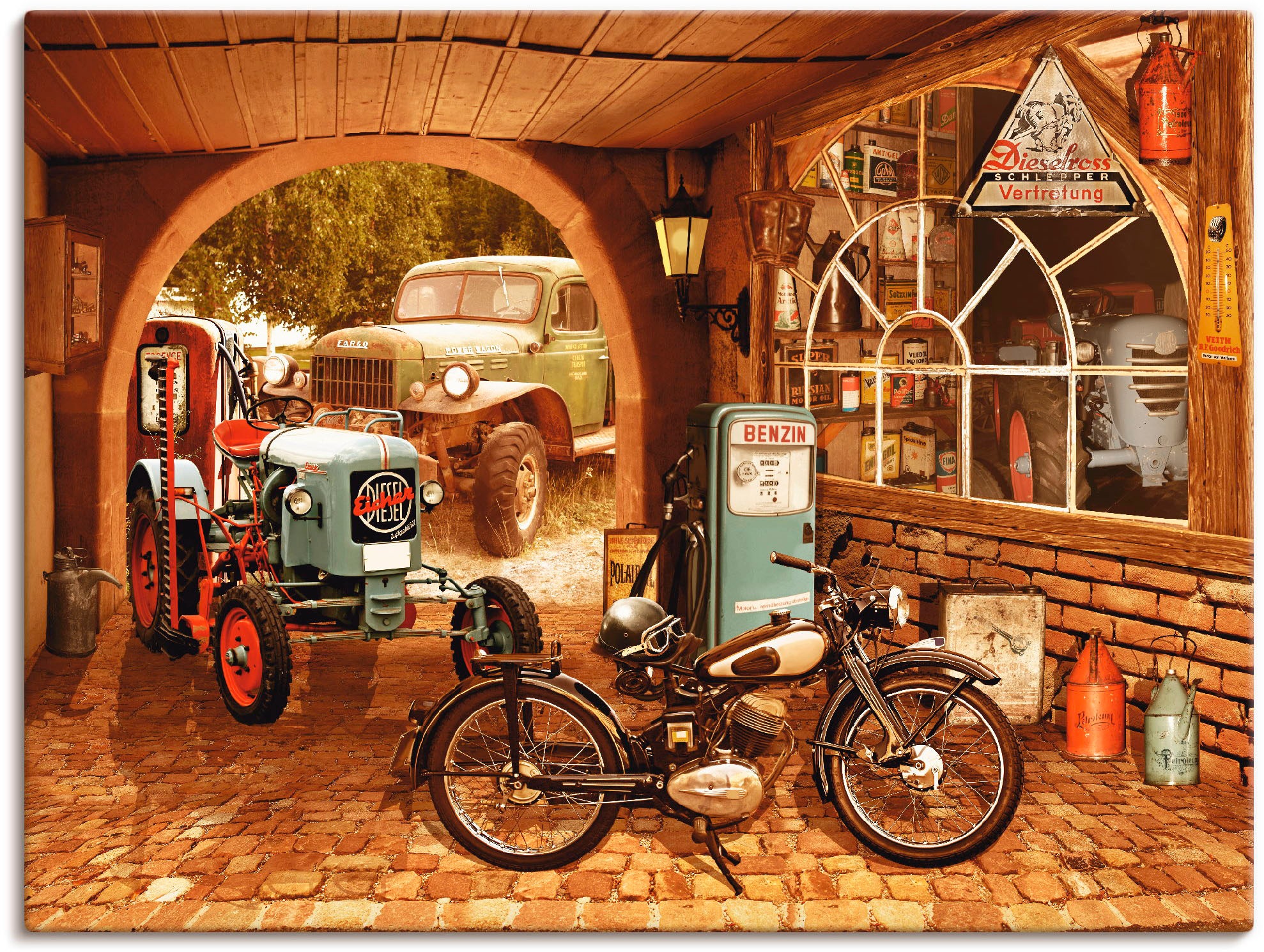 Image of Artland Leinwandbild "Werkstatt mit Traktor und Motorrad" Traktoren 1 Stk. tlg. auf Holzrahmen gespannt