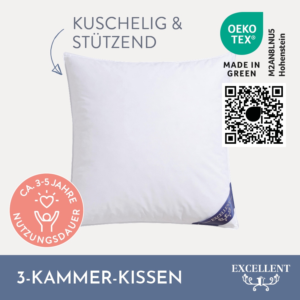 Excellent 3-Kammer-Kopfkissen »Davos Dreikammerkissen in den Grössen 40x80 und 80x80 cm erhältlich.«, Füllung: 60%Gänsedaunen, 40% Gänsefedern (Aussenkammer), Bezug: 100% Baumwolle, (1 St.), hergestellt in Deutschland, allergikerfreundlich