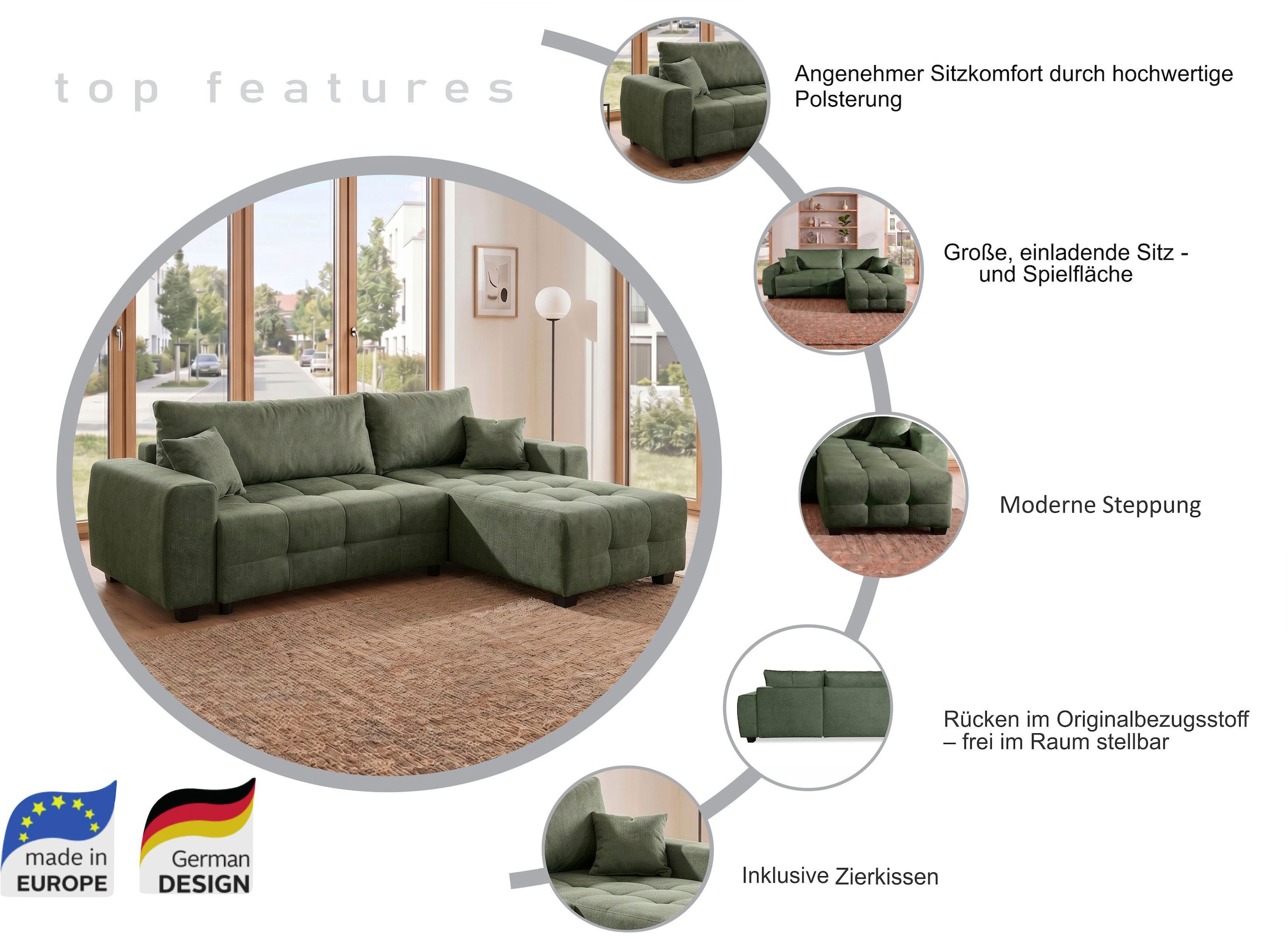 GOODproduct Ecksofa »Bella Couch L-Form, B: 234 cm, Zierkissen inklusive« optional Schlaffunktion & Bettkasten, Wohnkomfort