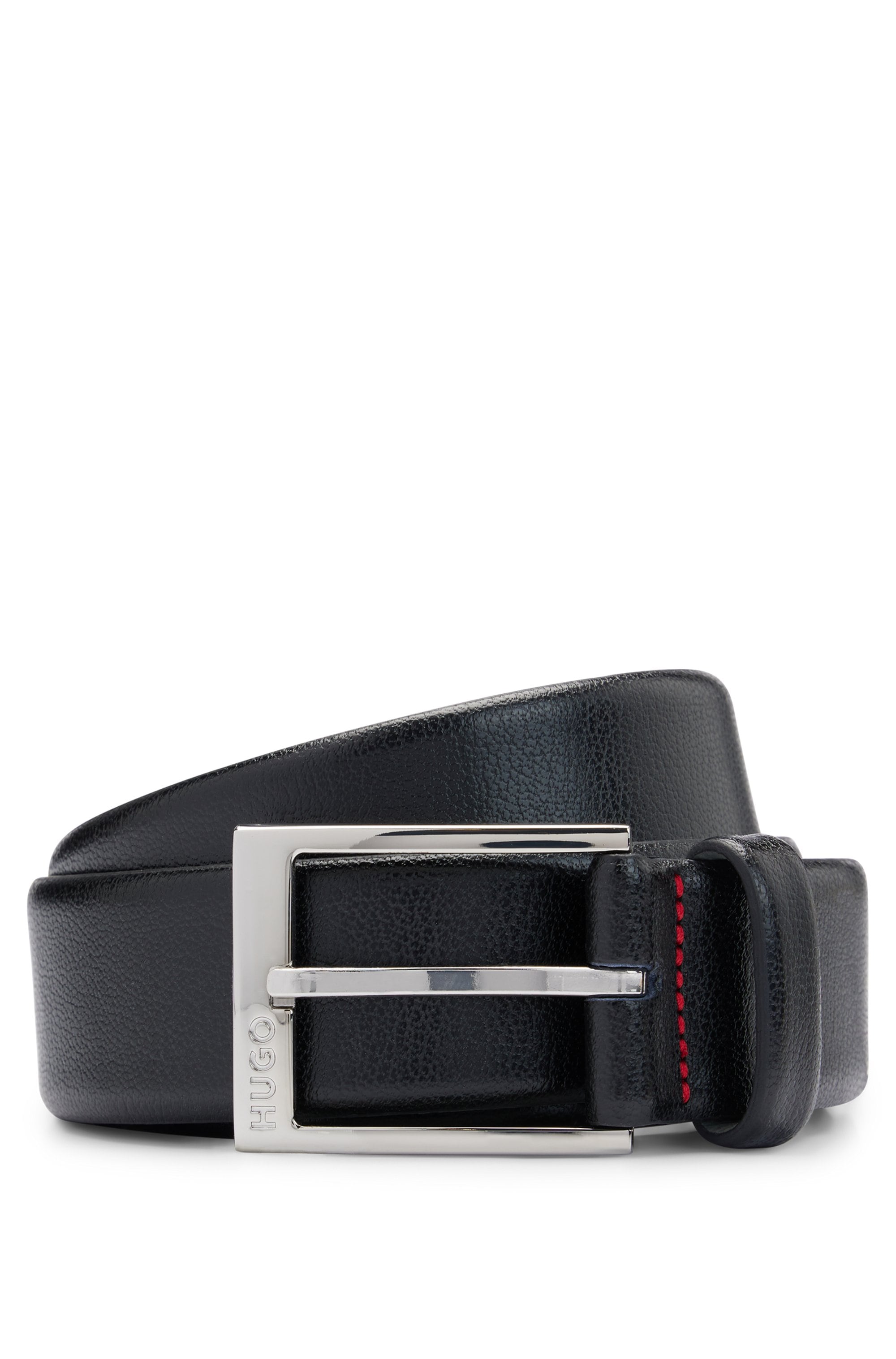 HUGO Ceinture en cuir genarbt mit Logo-Schliesse, glänzende silberfarbene Details