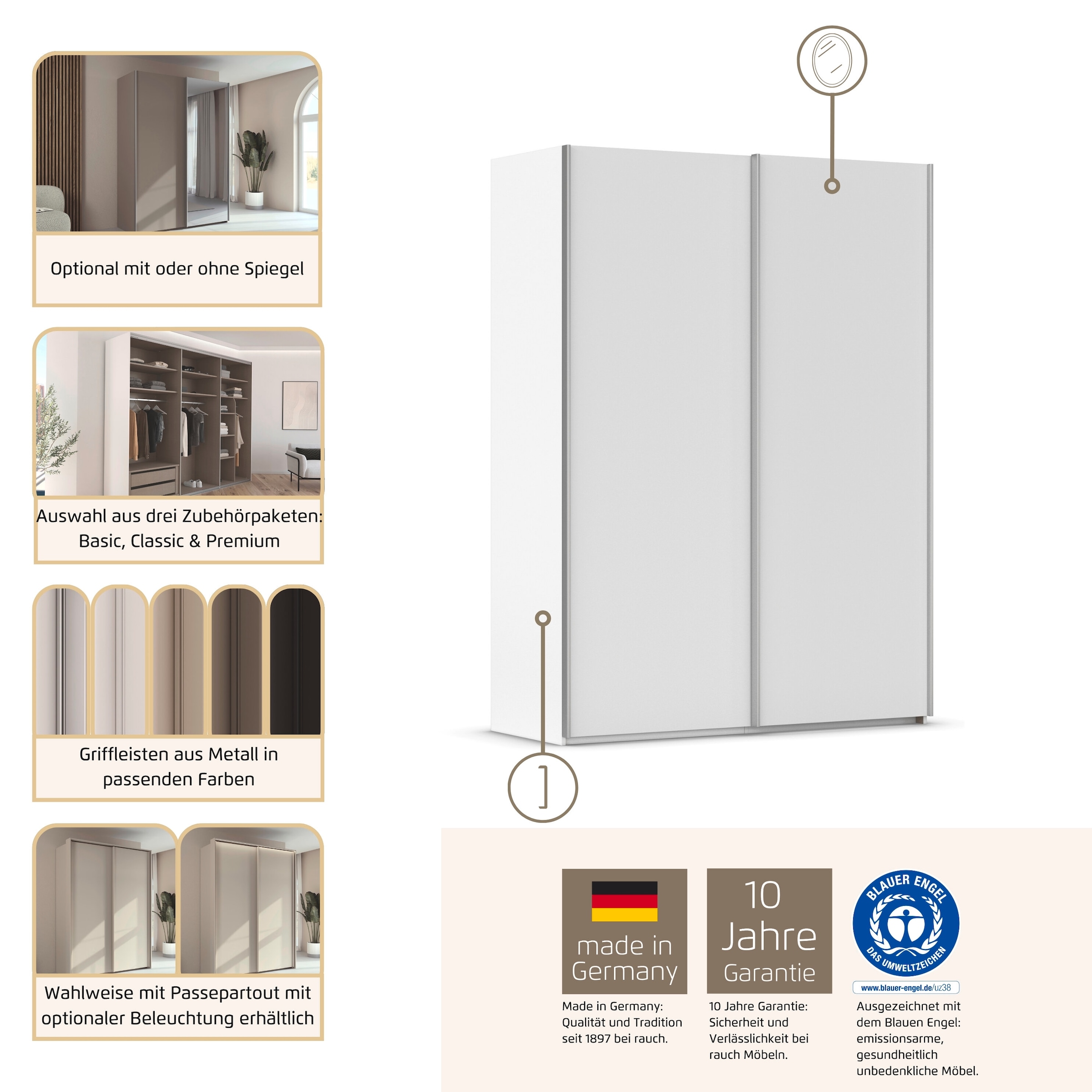 rauch Kleiderschrank »Schwebetürenschrank Schrank Garderobe Ankleide Schlafzimmer TARO« in 3 verschiedenen Ausstattungen BASIC/CLASSIC/PREMIUM (SOFT-CLOSE),  4 Breiten, optional Passepartout mit/ohne Beleuchtung MADE IN GERMANY
