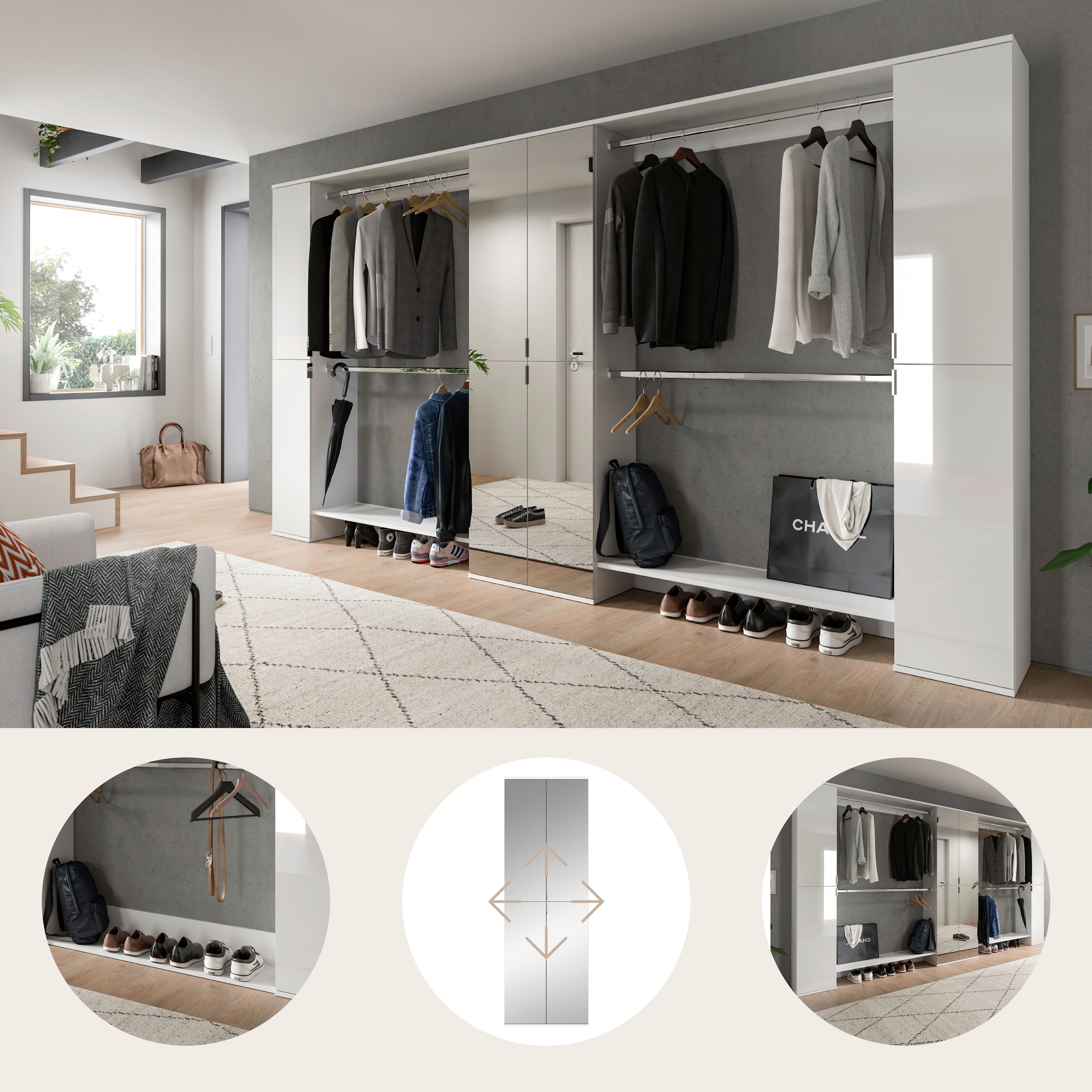 INOSIGN Garderoben-Set »Trondheim, Garderobenset 5-tlg. Breite 341 cm,«, (5 St.), best. aus: Spiegelschrank, 4 Kleiderstanden, 2x Schrank, Flur, Diele