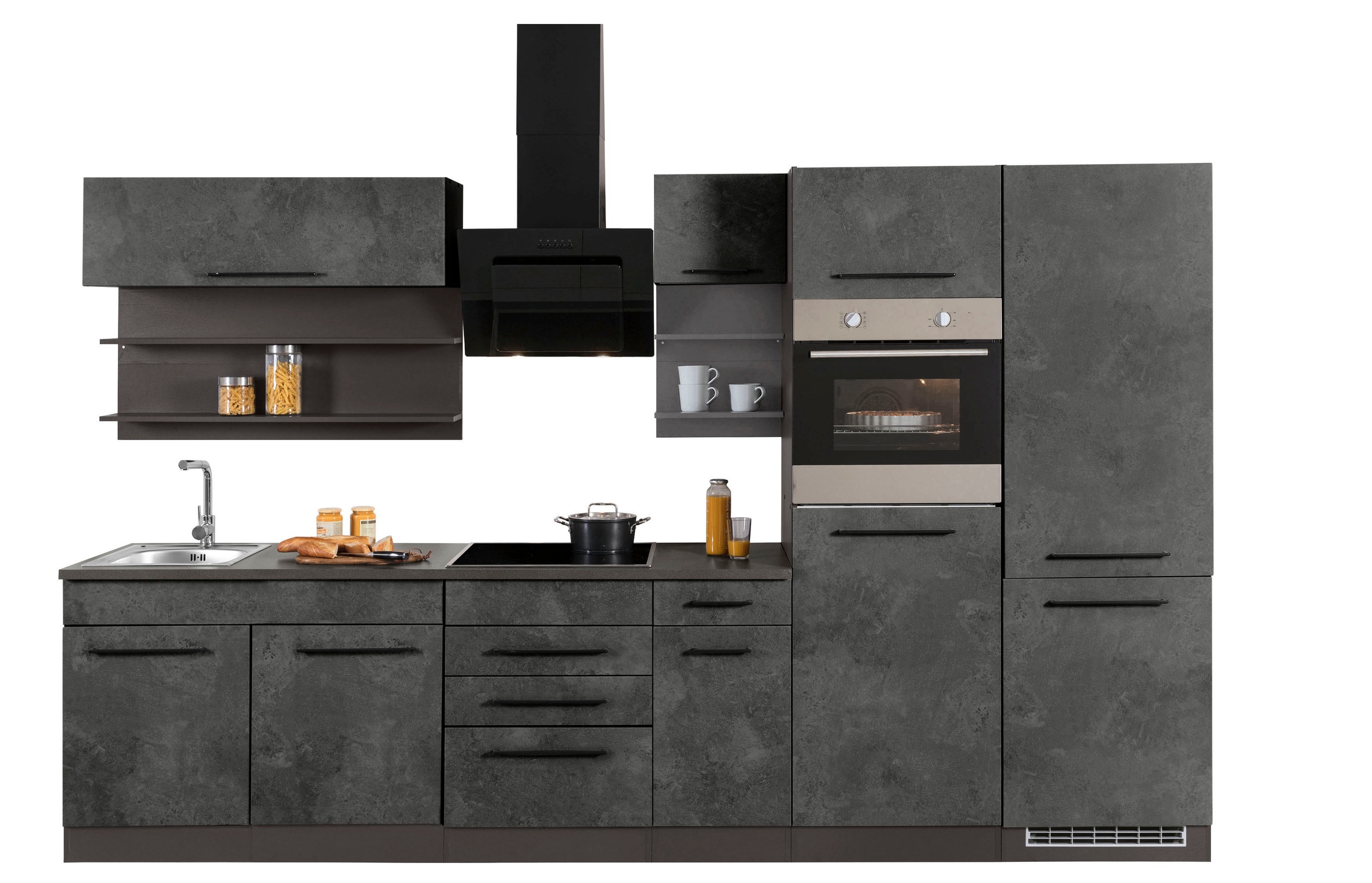 KOCHSTATION Küchenzeile "KS-Tulsa" ohne E-Geräte, Breite 330 cm, schwarze Metallgriffe, MDF Fronten