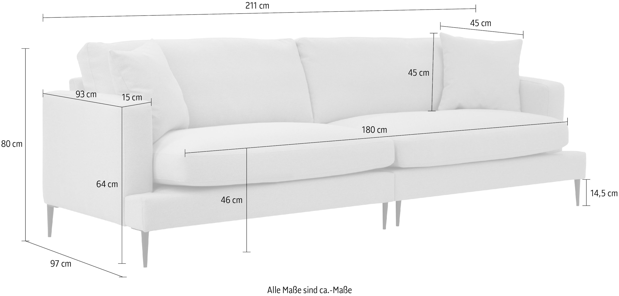 Leonique 3-Sitzer »Cozy elegantes Designsofa, Masse B/T/H: 211/97/80 cm«, mit losen Kissen und Metallbeinen
