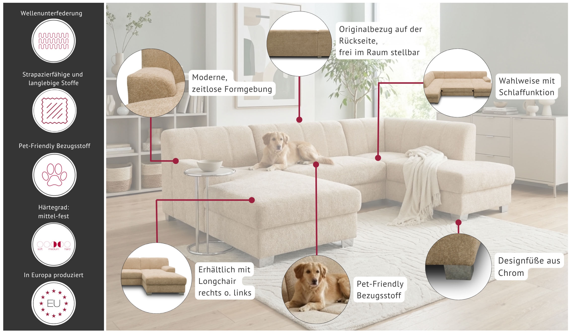 GOODproduct Wohnlandschaft »Lolland 296 x 195 cm, modern, mit Steppungen, gemütlich« U-Form, aus Pet Friendly Bezug