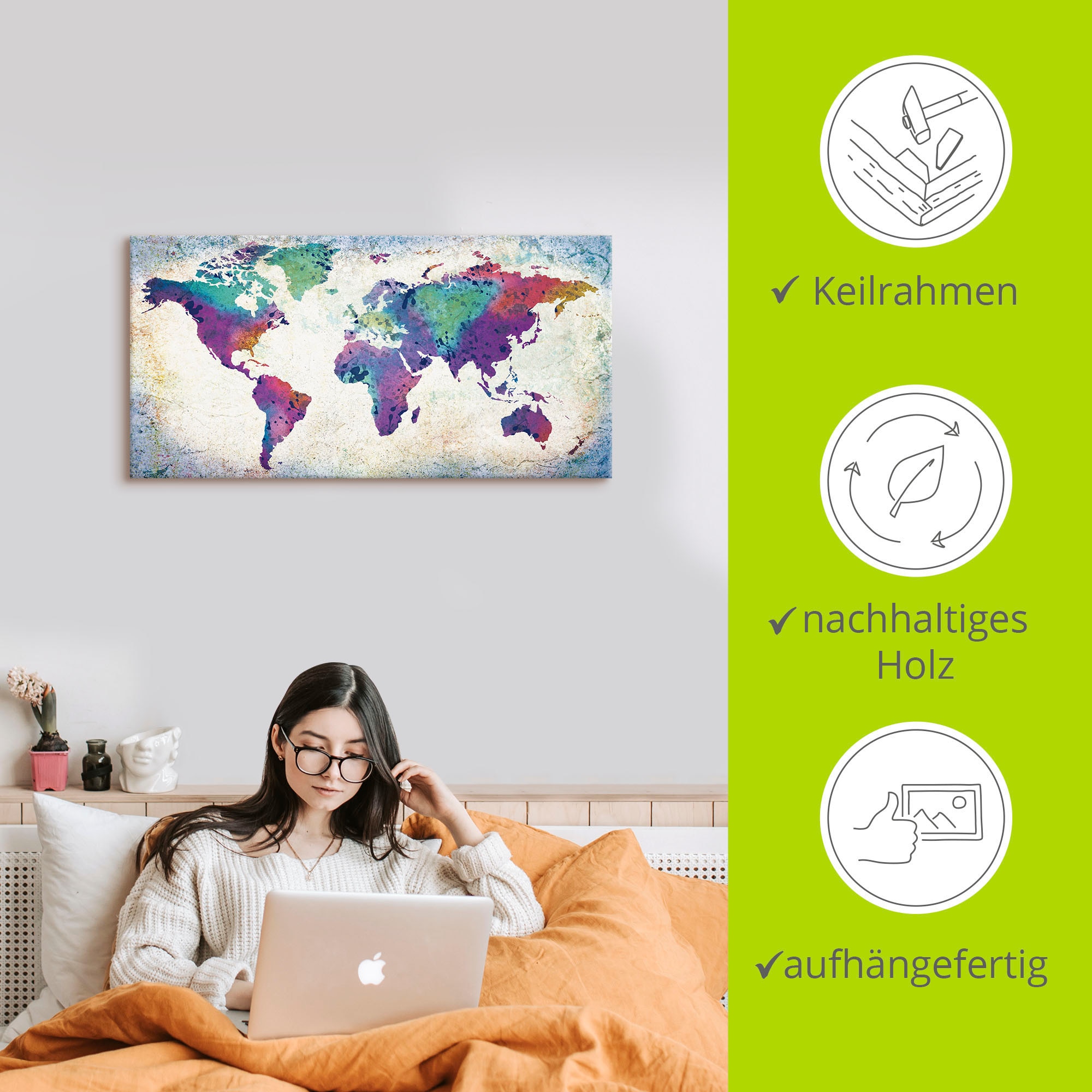 Artland Wandbild »bunte Weltkarte«, Land- & Weltkarten, (1 St.), als Alubild, Outdoorbild, Leinwandbild, Poster, Wandaufkleber