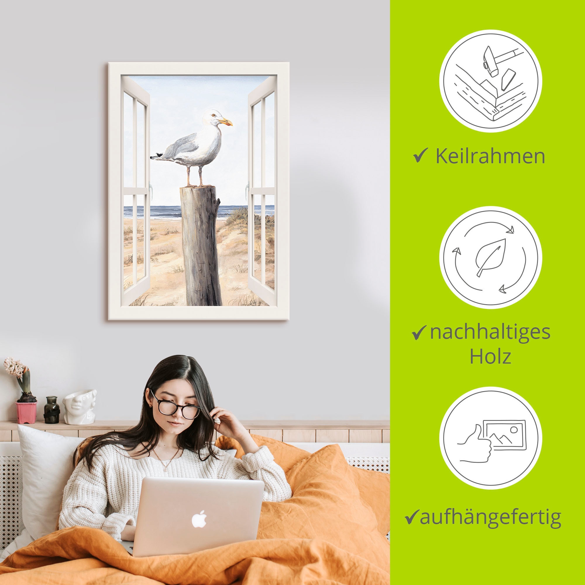 Artland Tableau sur toile »Möwe Fensterblick« 1 cuis tlg. auf Holzrahmen gespannt