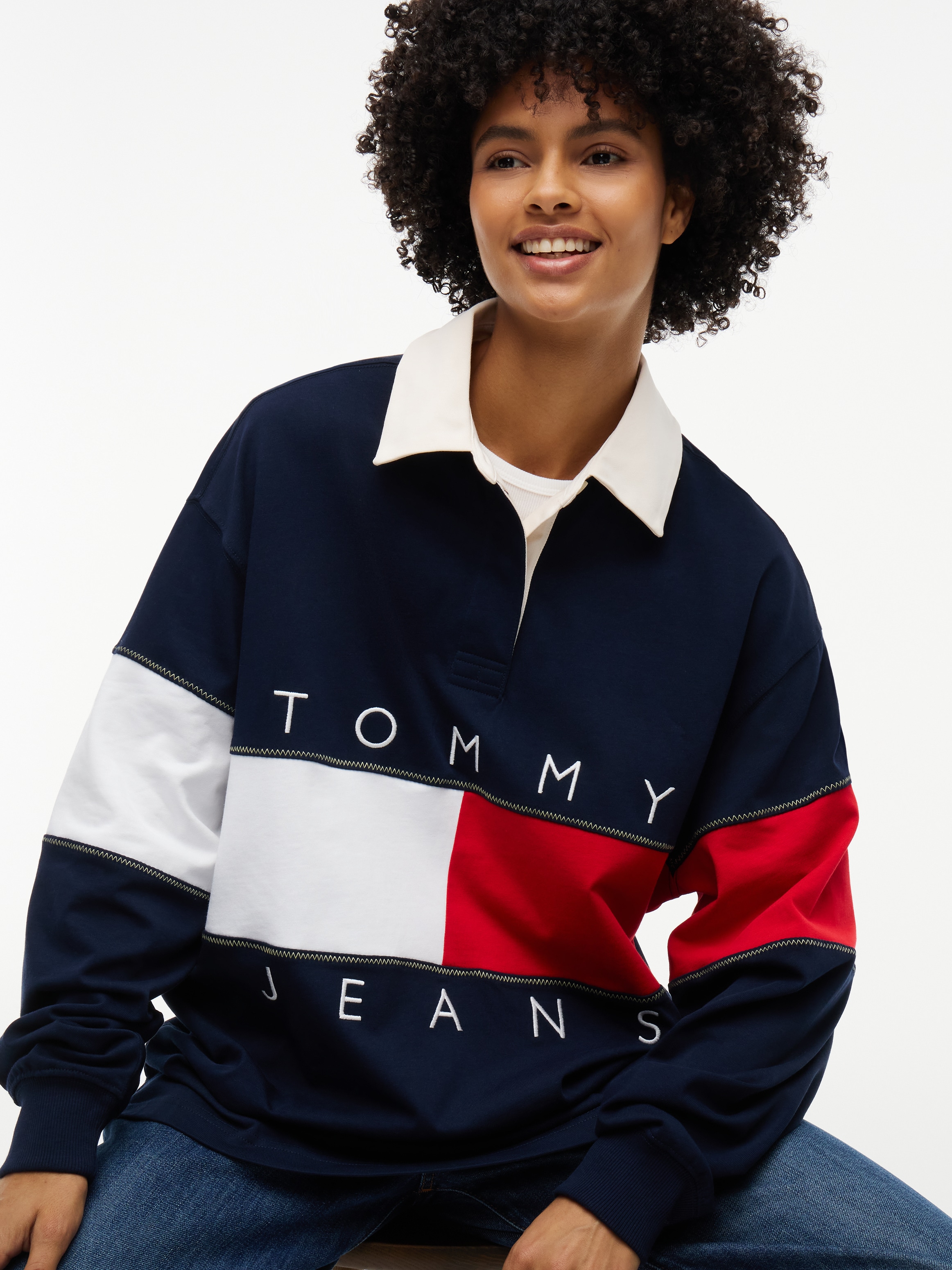 Image of Tommy Jeans Sweatshirt "TJW OVS FLAG RUGBY EXT", Baumwolle, Logodruck