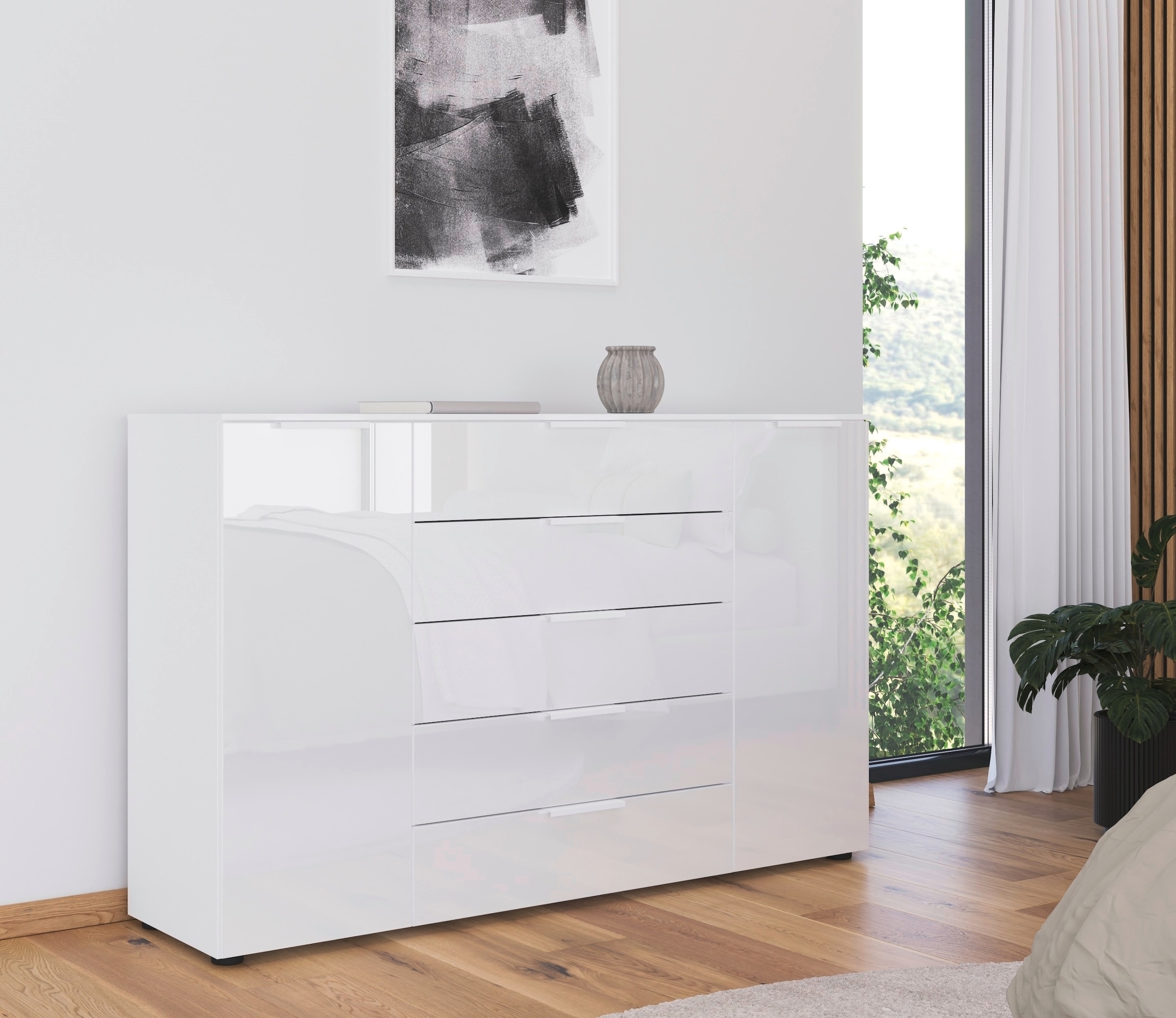 rauch Commode à tiroirs »Kommode Türkommode Sideboard Kombikommode FLIPP mit Glasfront« Largeur 160/180 cm avec 4 étagères,  2 portes avec 5 tiroirs et fermeture douce, 2 largeurs MADE IN GERMANY
