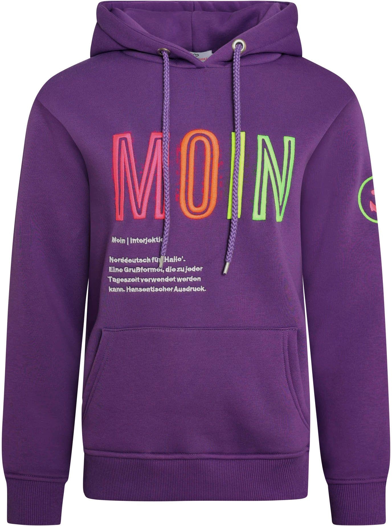 Zwillingsherz Sweatshirt, mit aufgesticktem „Moin“-Schriftzug in Neonfarben