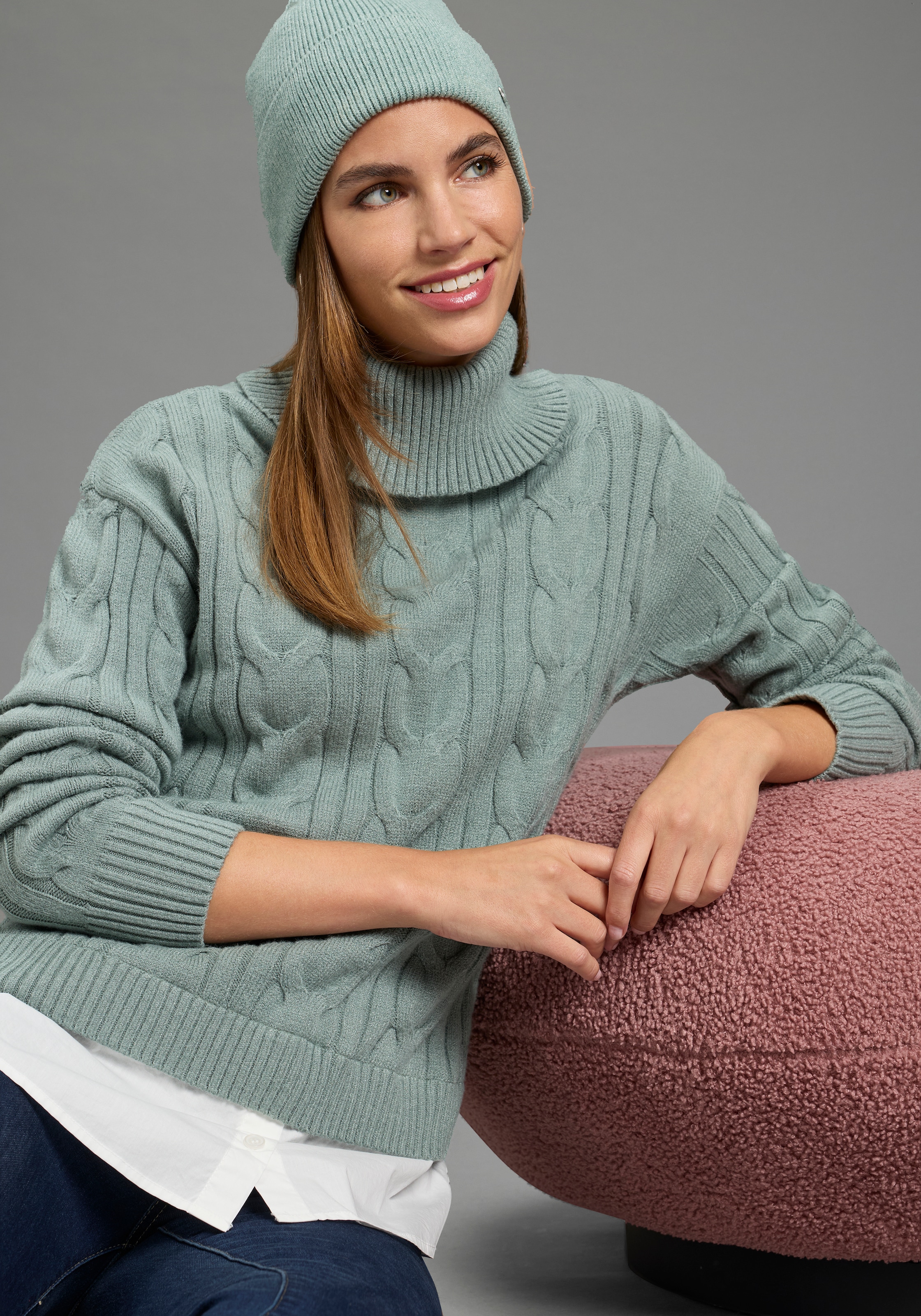Image of Laura Scott Rollkragenpullover "mit Bluseneinsatz" mit Zopfmuster