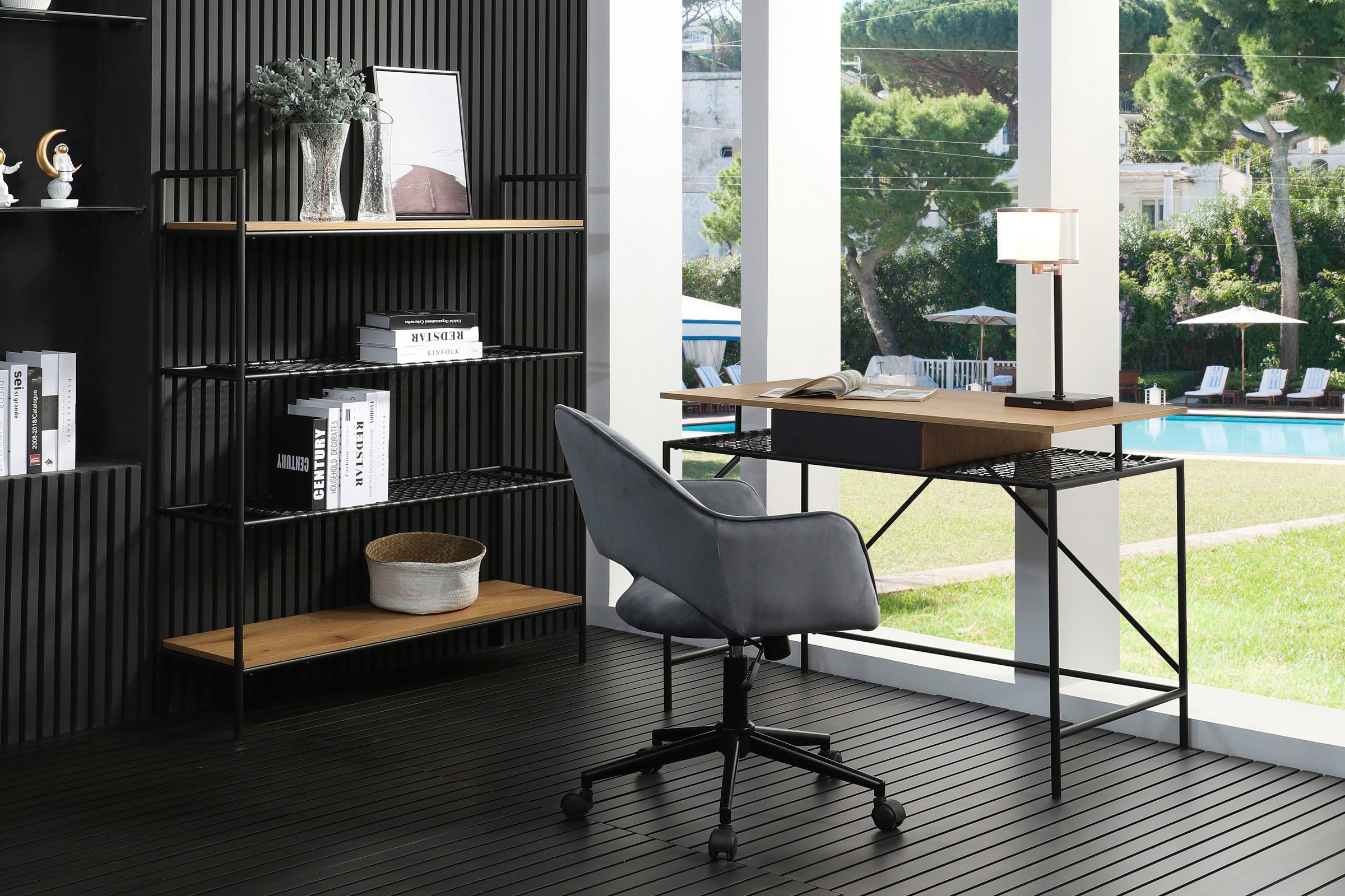 Image of SalesFever Schreibtisch "York Arbeitsplatz Deluxe" Metallrahmen-Ablage mit Polyrattan in Geflechtoptik