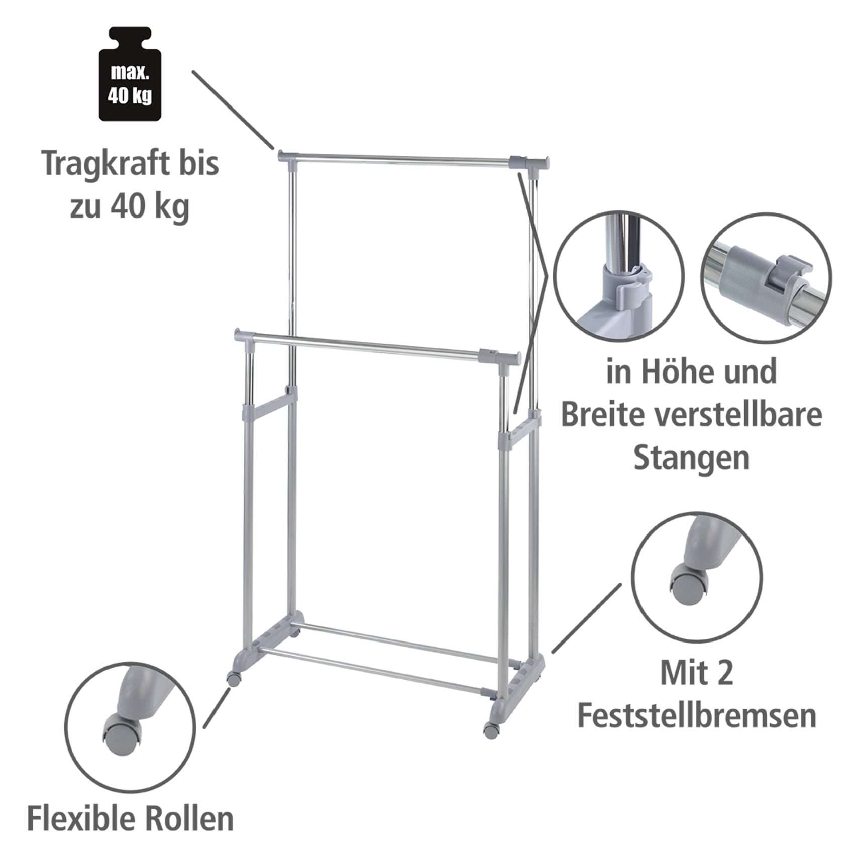 WENKO Kleiderständer »Modell Twin Bars«, Garderobenständer mit 2 Stangen, höhenverstellbar, mit 4 Rollen