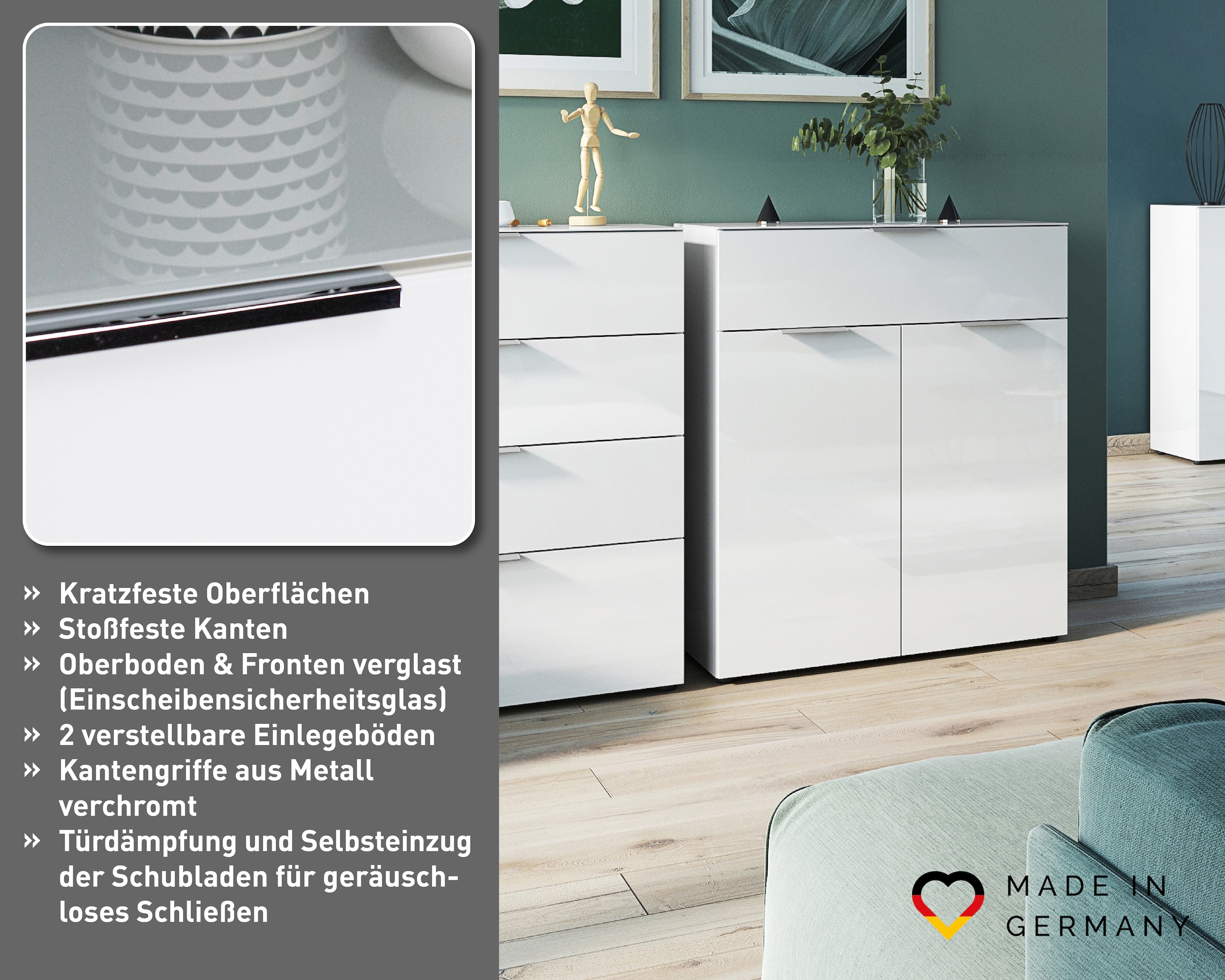 GERMANIA Commode combinée »Oakland mit Glasauflagen,« largeur 83 cm, avec tiroirs, en différentes variantes