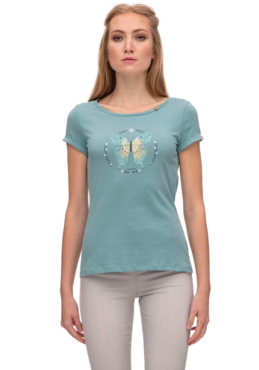 Ragwear Rundhalsshirt »Shirt FLORAH BUTTERFLY mit versandkostenfrei Schmetterlings-Print Brust T-Shirt auf auf ORGAN«, der