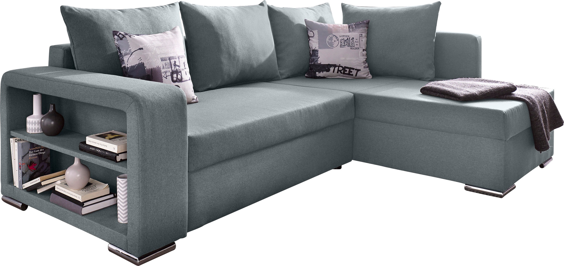 Ecksofa John mit Bettfunktion, Bettkasten und Regalarmteil
