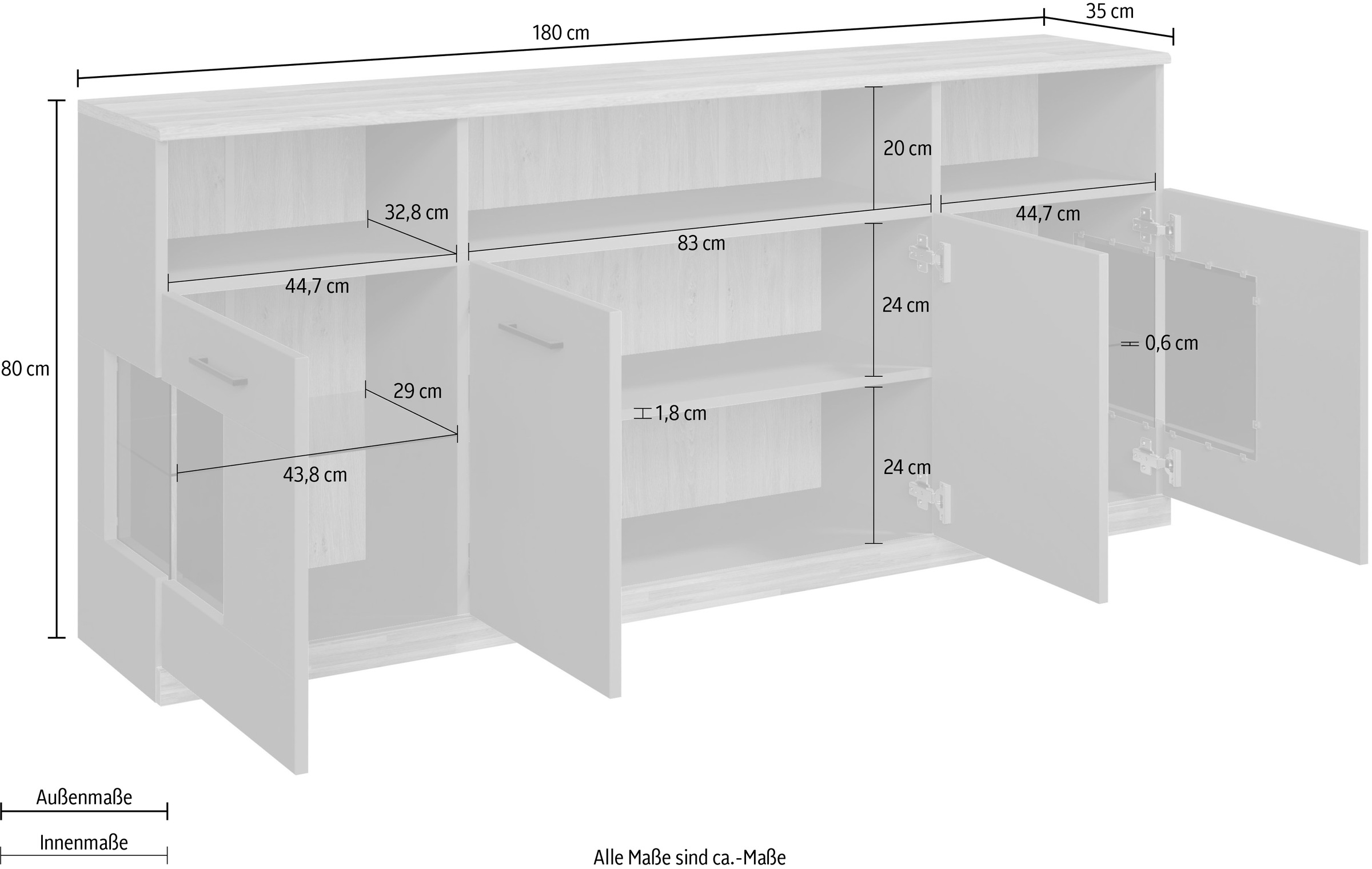 Home affaire Sideboard »Ribe,180cm breit,80cm hoch, 9 Fächer«, Oberplatte Eiche massiv,schwarze Metall Griffe,2 Türen mit Glaseinsatz
