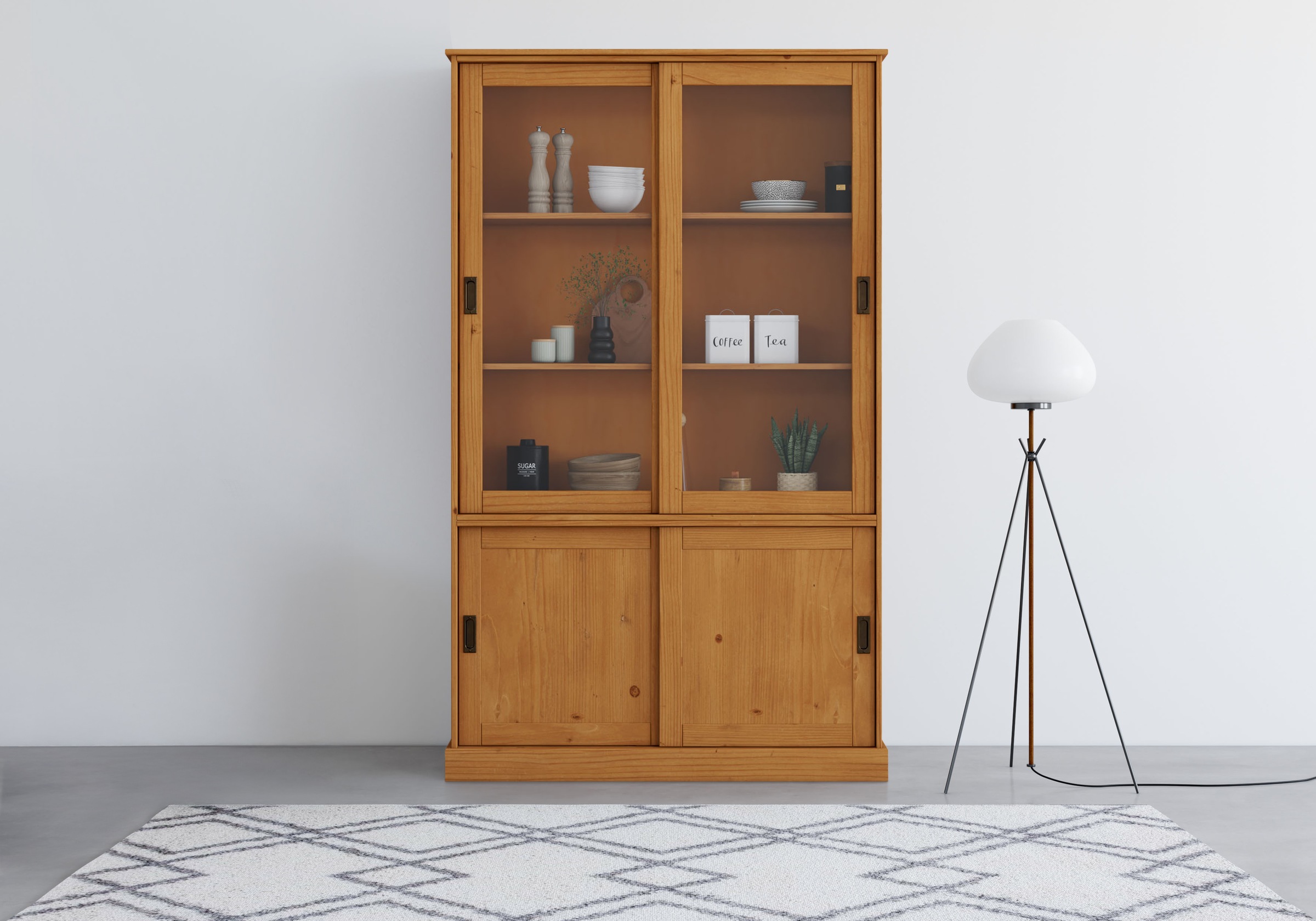 Image of GOODproduct Vitrine "Schröder" mit 2+2 Schiebetüren, aus massivem Kiefernholz, Breite 114 cm