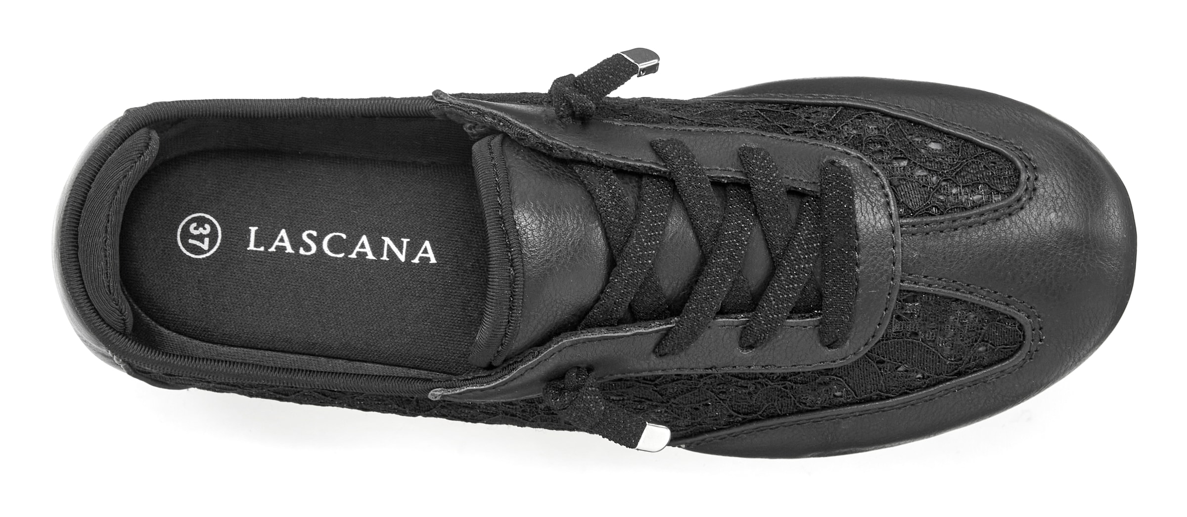 LASCANA Sneaker »Freizeitschuh, Halbschuh mit modischen Spitzendetails«, zum Reinschlüpfen mit elastischen Schnürbändern VEGAN