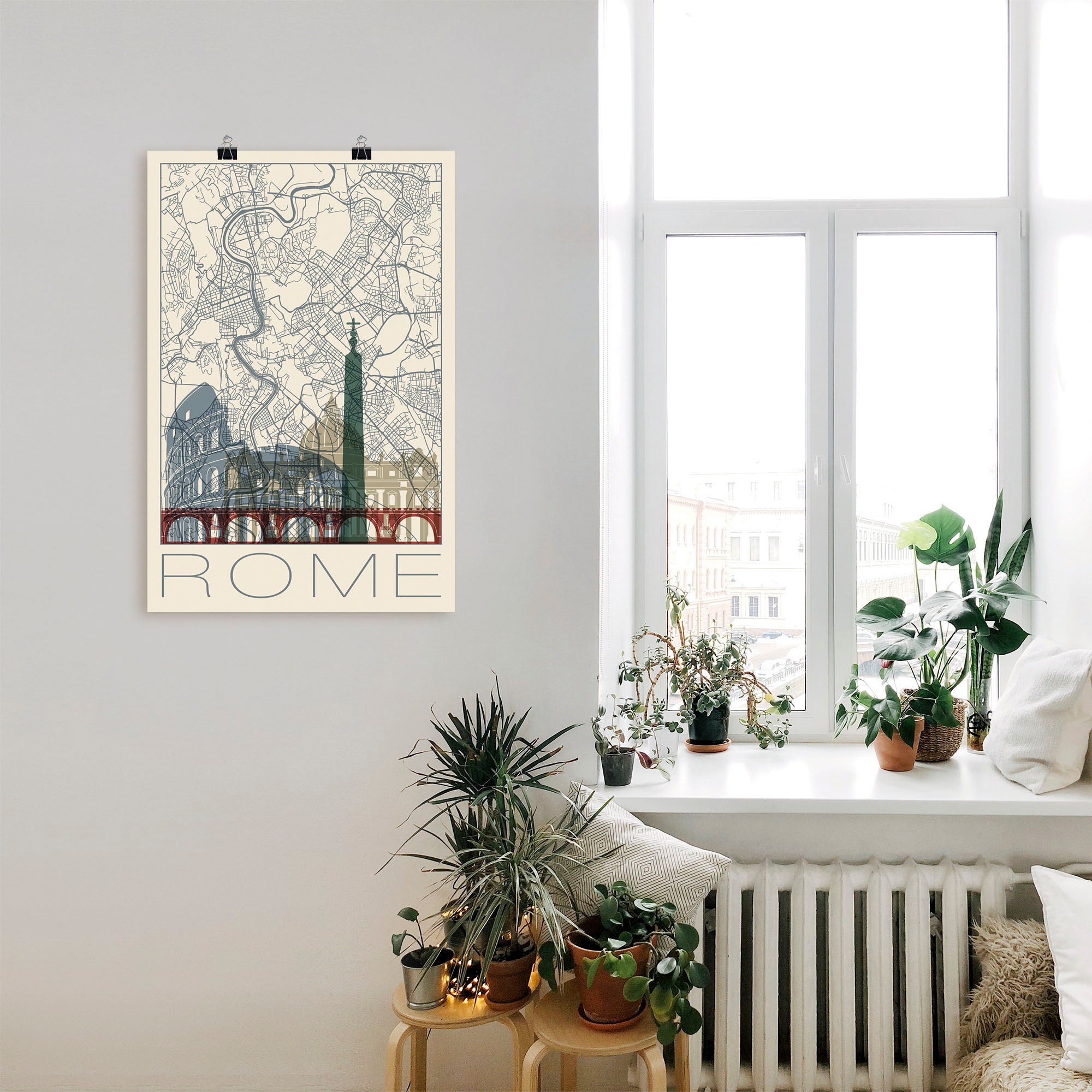 Artland Poster »Retro Karte Rom Italien und Skyline«, Italien, (1 St.), als Alubild, Leinwandbild, Wandaufkleber oder Poster in versch. Grössen