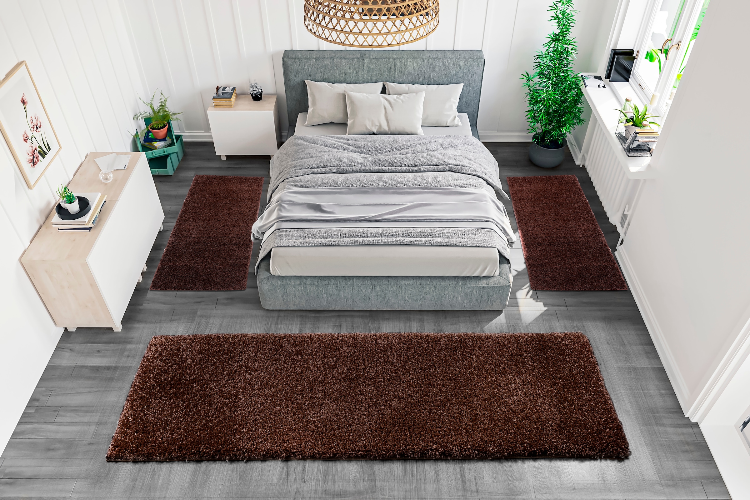 Bruno Banani Bettumrandung »Shaggy Soft«, (3 tlg.), gewebt, Uni-Farben, besonders weich, Bettvorleger, Läufer-Set