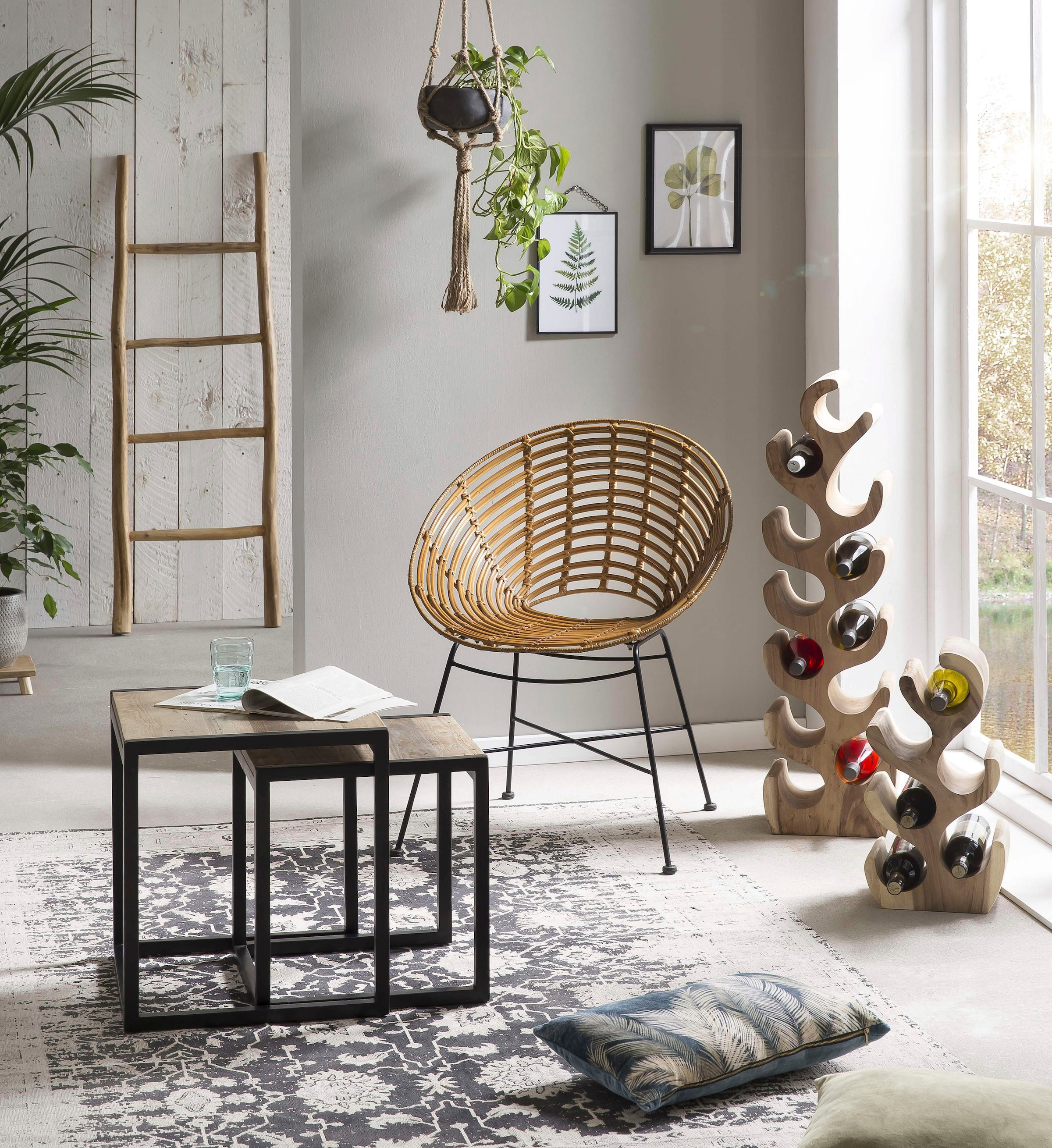 SIT Rattanstuhl »Rundsitz Rattan Metall Schwarz Natur Lounge Design« () 1 Stk.Rattanstuhl mit Rundsitz aus Rattan & Metall im Lounge Design