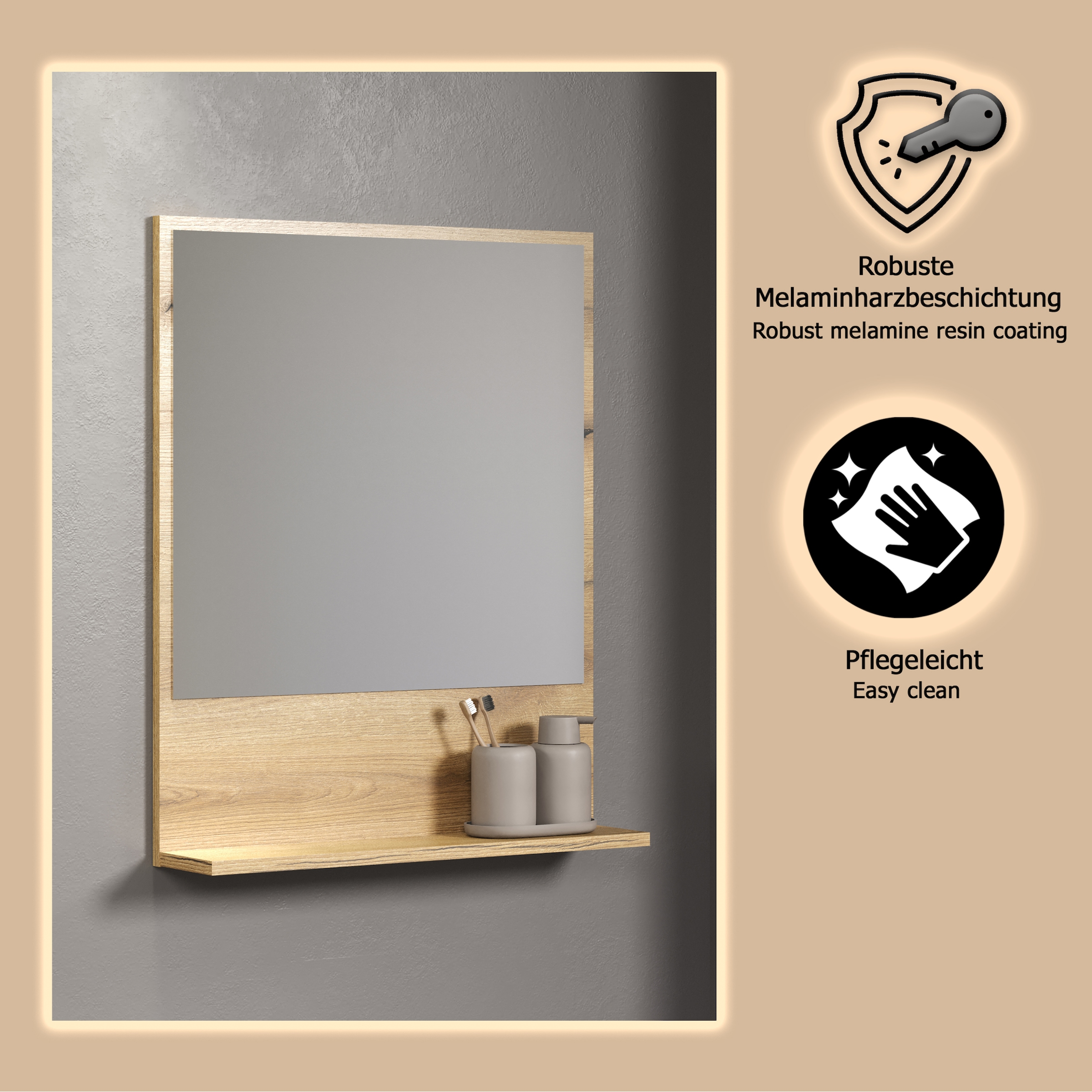 welltime Miroir de salle de bain »Amrum« Eleganter Badezimmerspiegel mit Ablage - Masse (B/T/H) 60-80/14/74 cm