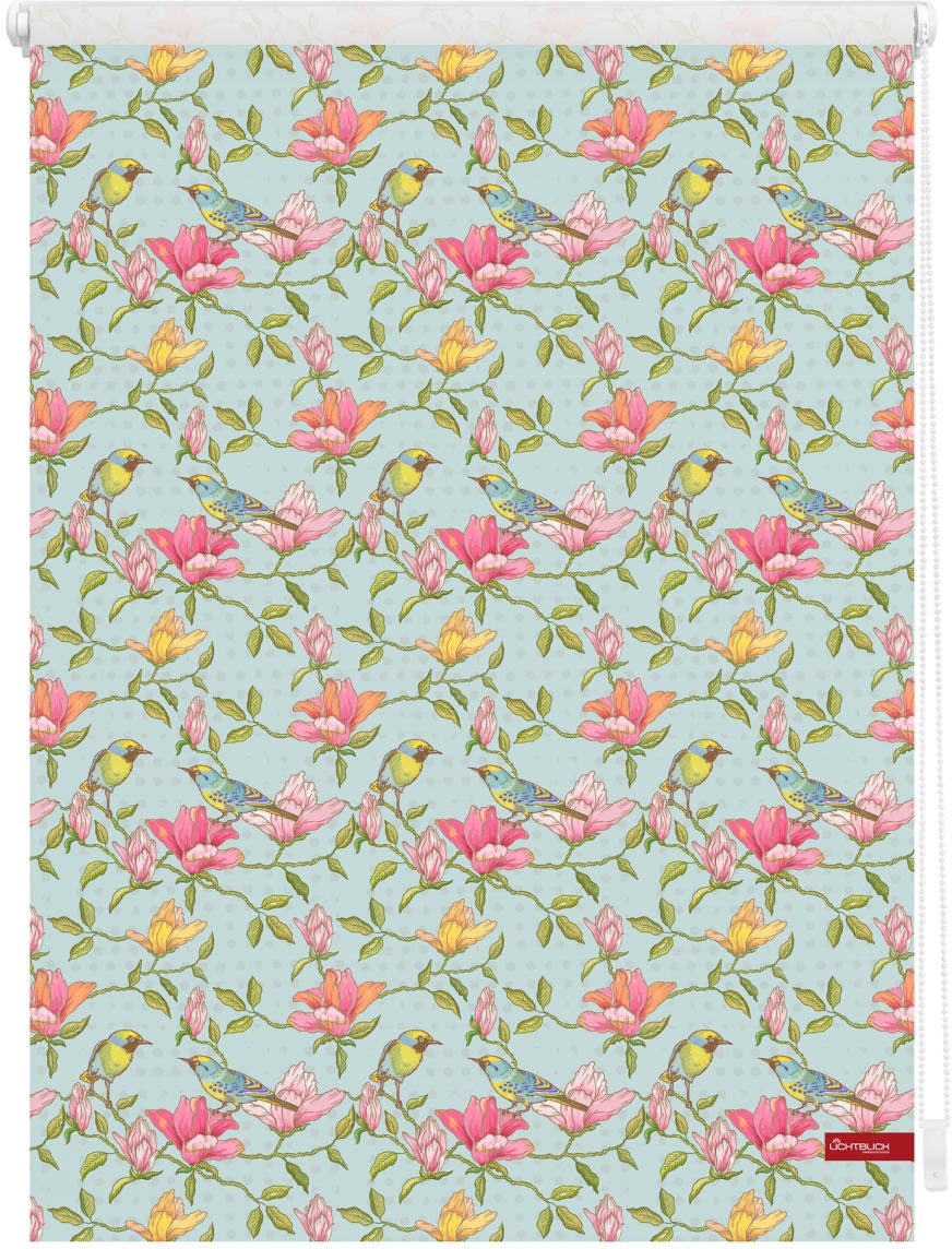 Image of LICHTBLICK ORIGINAL Seitenzugrollo "Rollo Klemmfix, ohne Bohren, Verdunkelung, Birds - Grün Pink" verdunkelnd Verdunkelung energiesparend freihängend