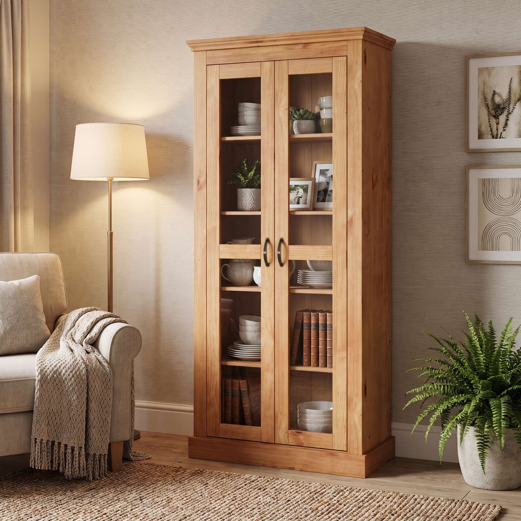 GOODproduct Vitrine »Selma, Hochschrank, Standvitrine, Glasvitrine aus massivem Kiefernholz« FSC®, mit Griffen aus antikisiertem Metall, Höhe 180 cm