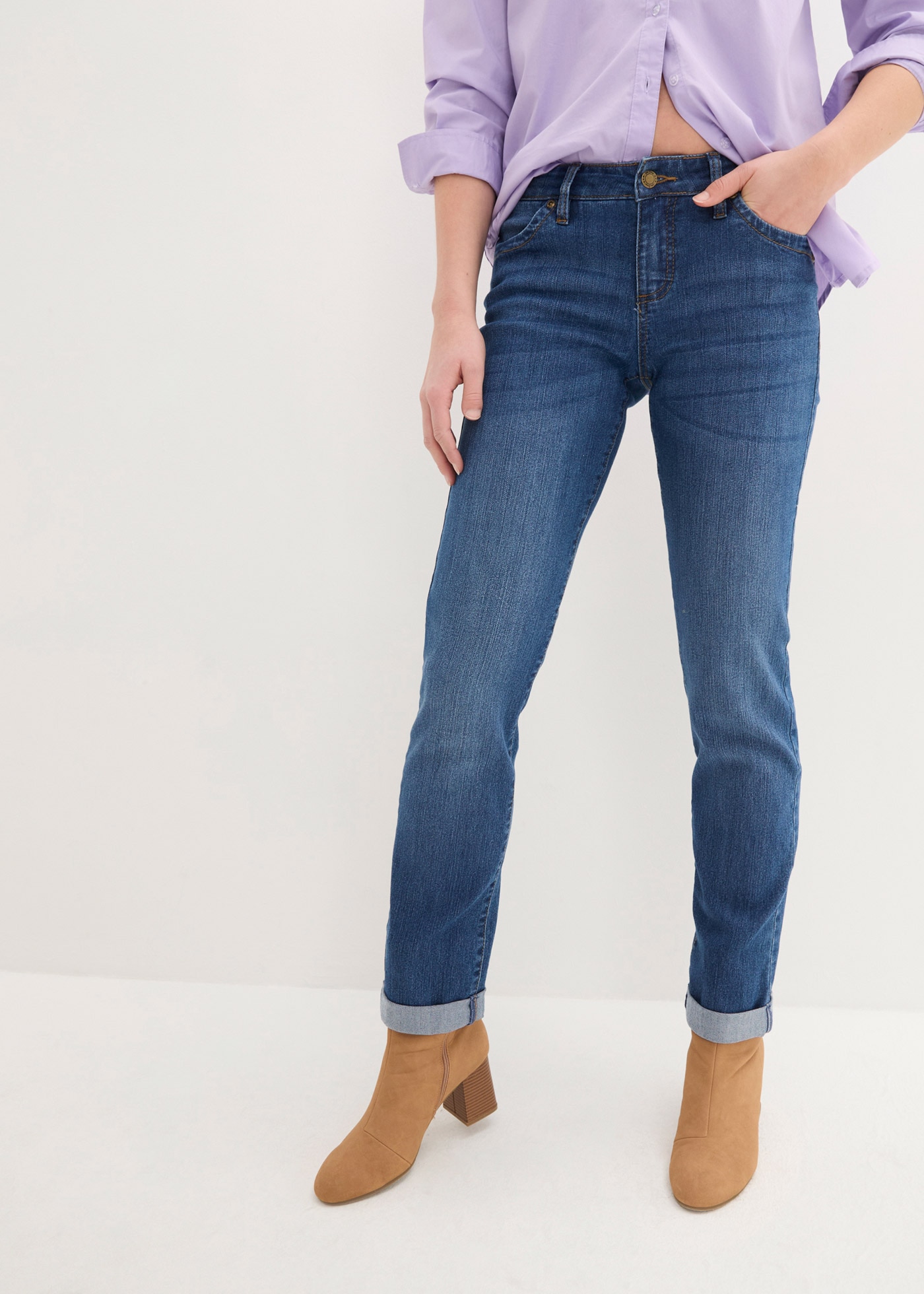 bonprix Straight-Jeans »Straight Jeans Mid Waist, Stretch« Regular Fit, mit Aufschlag, im Five-Pocket-Style