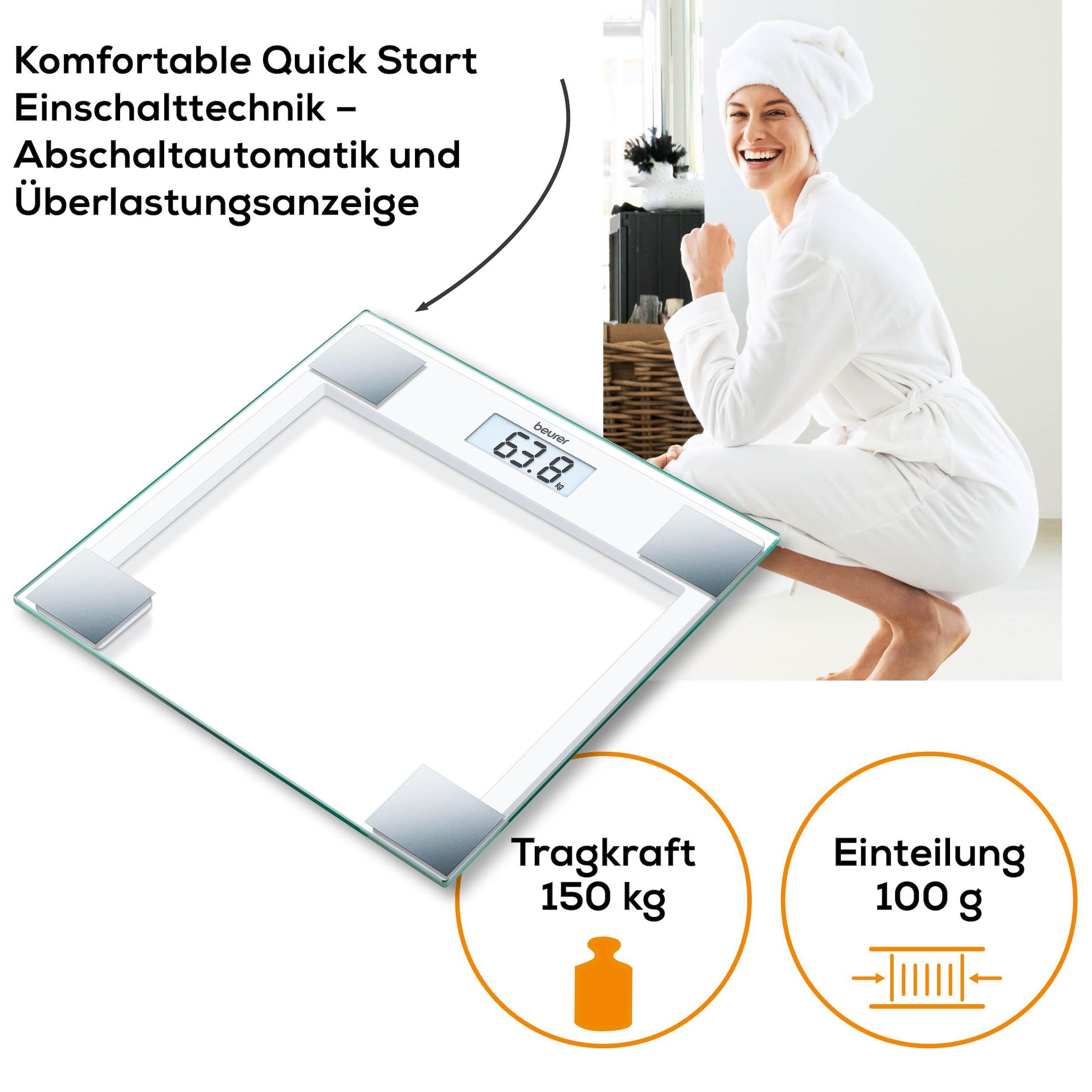 BEURER Personenwaage »GS 14 mit Wiegefläche aus extra klarem Sicherheitsglas« Flache Bauhöhe, Tragkraft bis 150 kg, Überlastungsanzeige