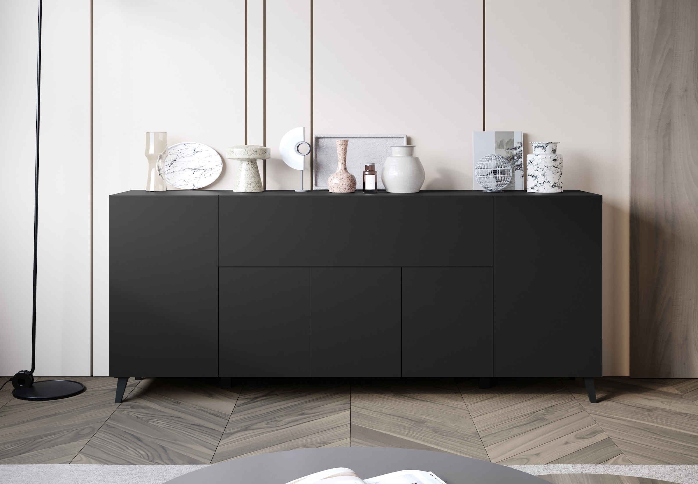 Home affaire Buffet »SIDEBOARD PHUKET II, Stilvolle, grifflose kommode, Breite 180cm« avec 5 portes, 1 abattant, 7 compartiments et étagères réglables en hauteur