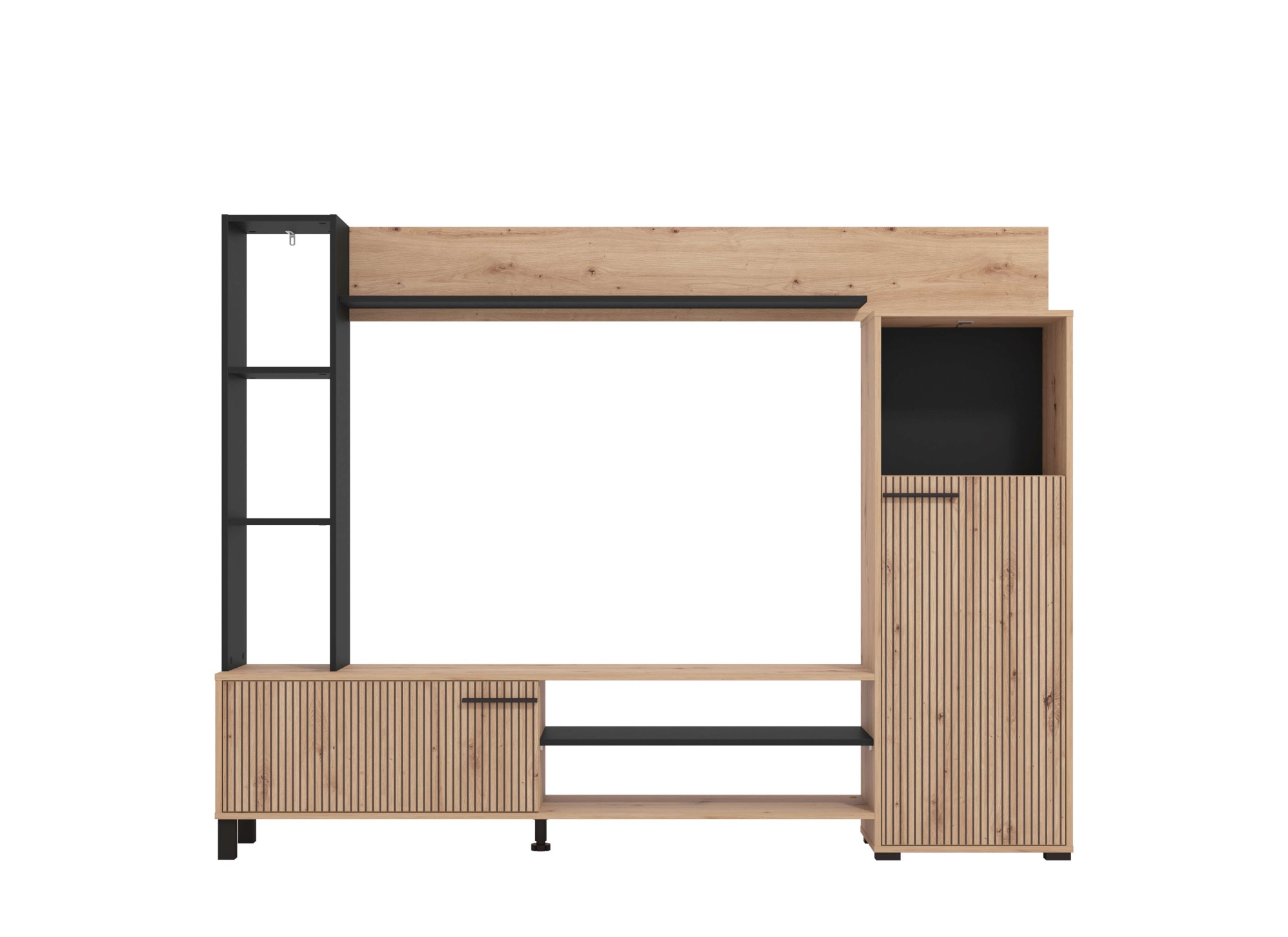 INOSIGN Wohnwand »Retimno, inkl. Highboard, TV-Board, Standregal und Wandregal«, (Komplett-Set, 4 St.), 208 cm, Trendfarben, mit dekorativen schwarzen Streifen, TV bis 58'