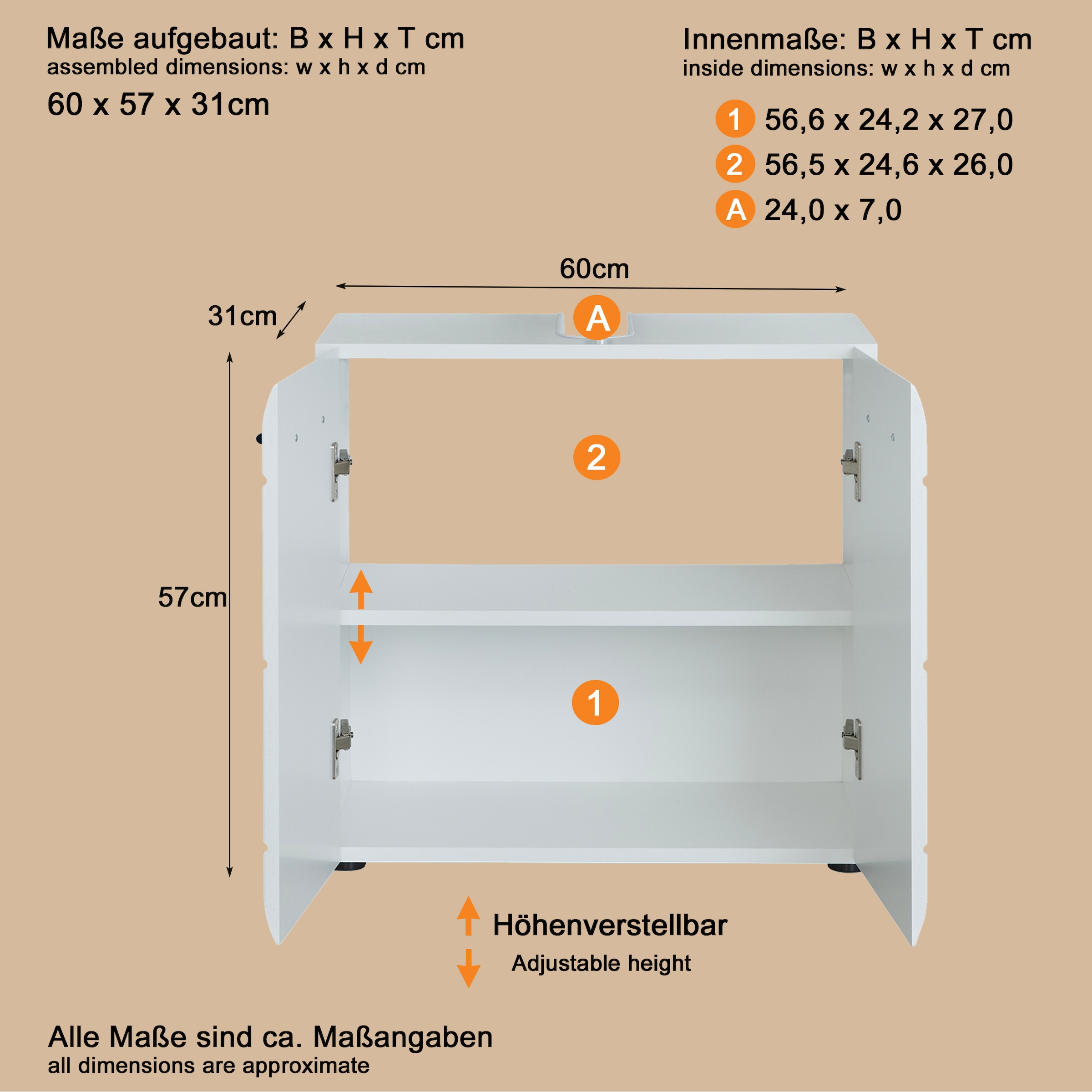 welltime Waschbeckenunterschrank »Sovana« Waschtisch mit verstellbarem Fach - Masse (B/T/H) 60/31/56 cm