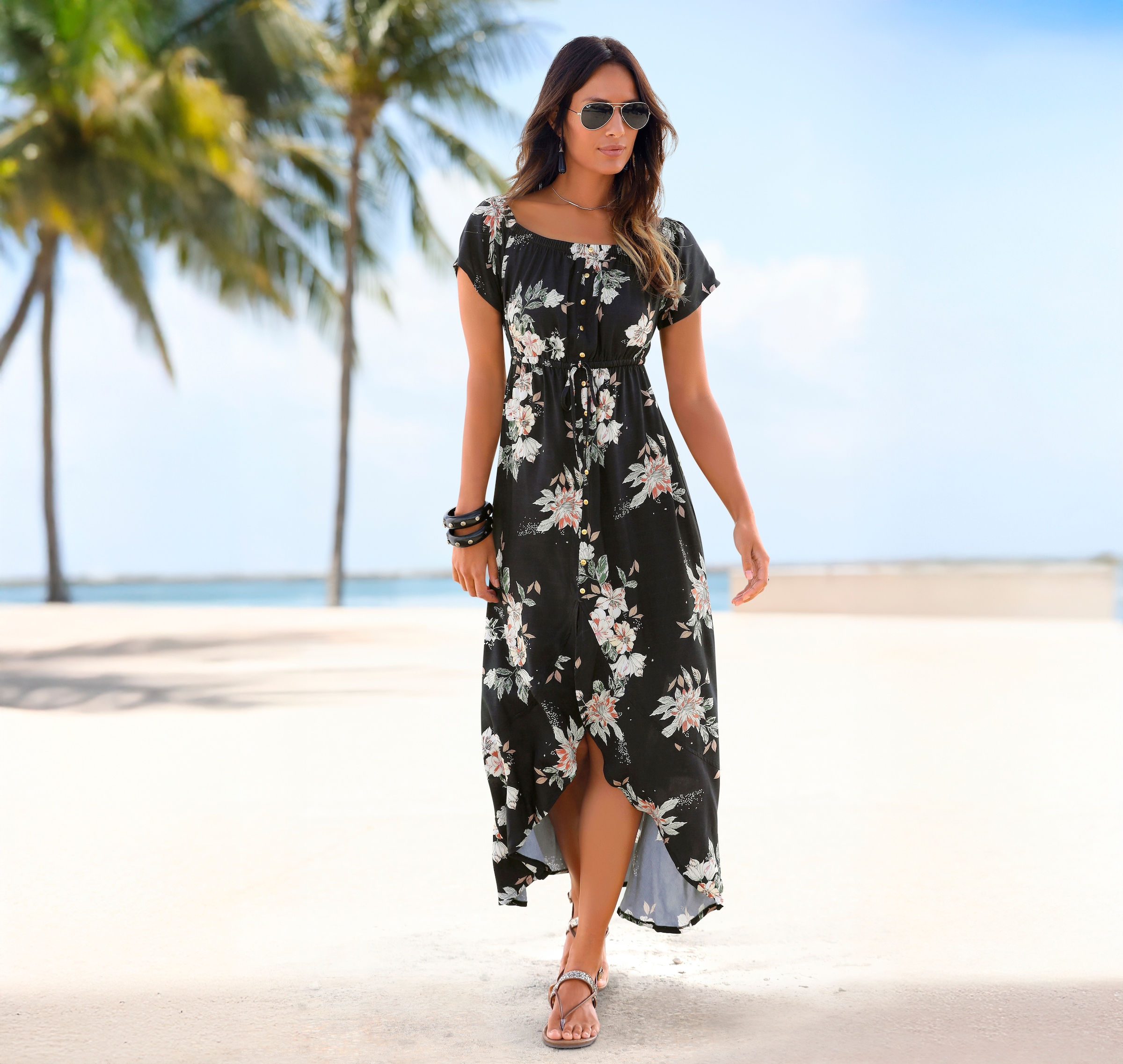 LASCANA Maxikleid »im angesagten Vokuhila-Schnitt und Carmenausschnitt« Ohne Taschen elegantes Sommerkleid aus Webware, leichtes Boho-Kleid, Festival