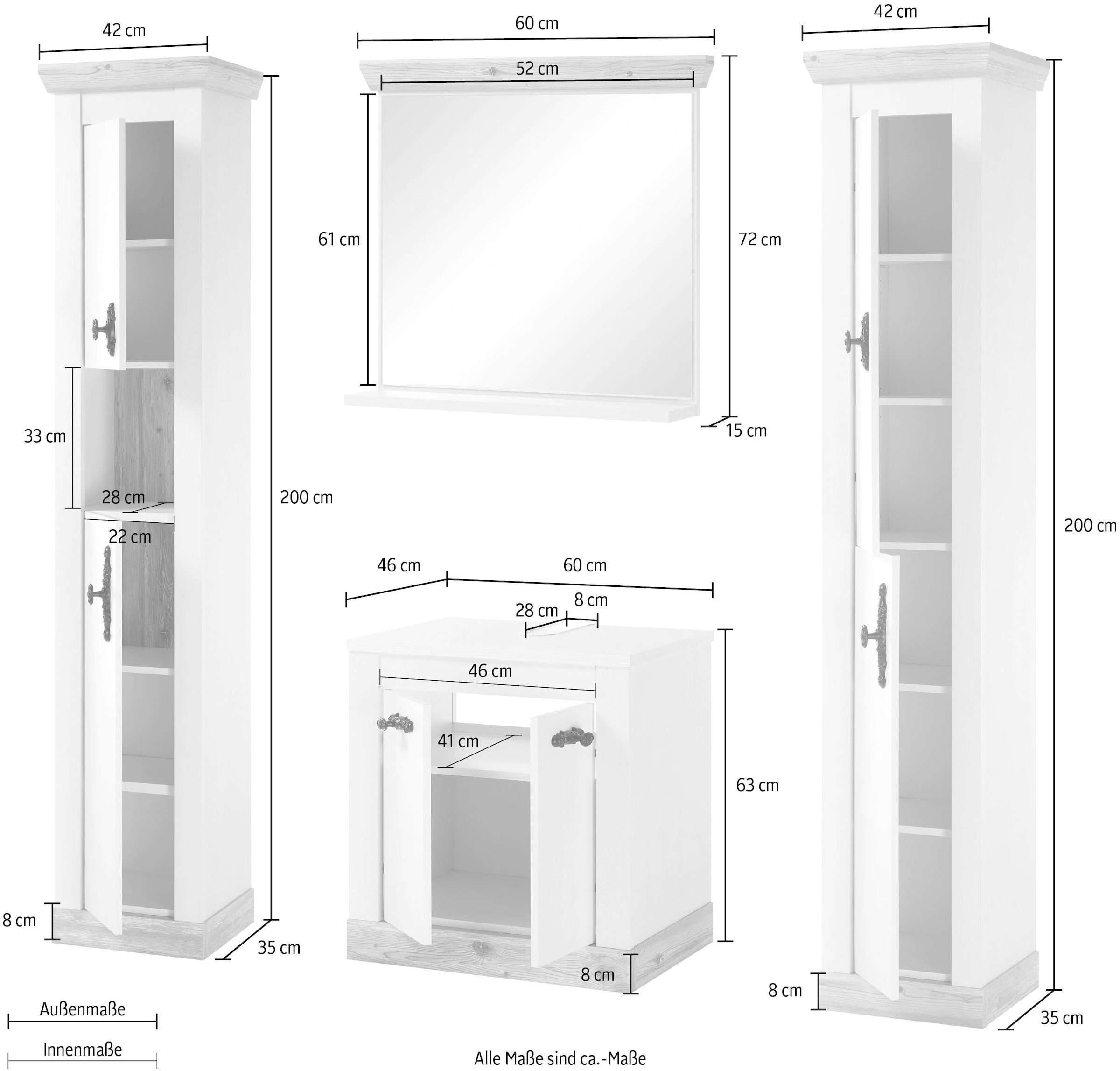 Home affaire Badmöbel-Set »Florenz, Bad im Landhausstil, 3-teiliges Badezimmer«, (4 St.), Unterschrank, Schränke, und Spiegel, in Pinie Weiss, Stauraum