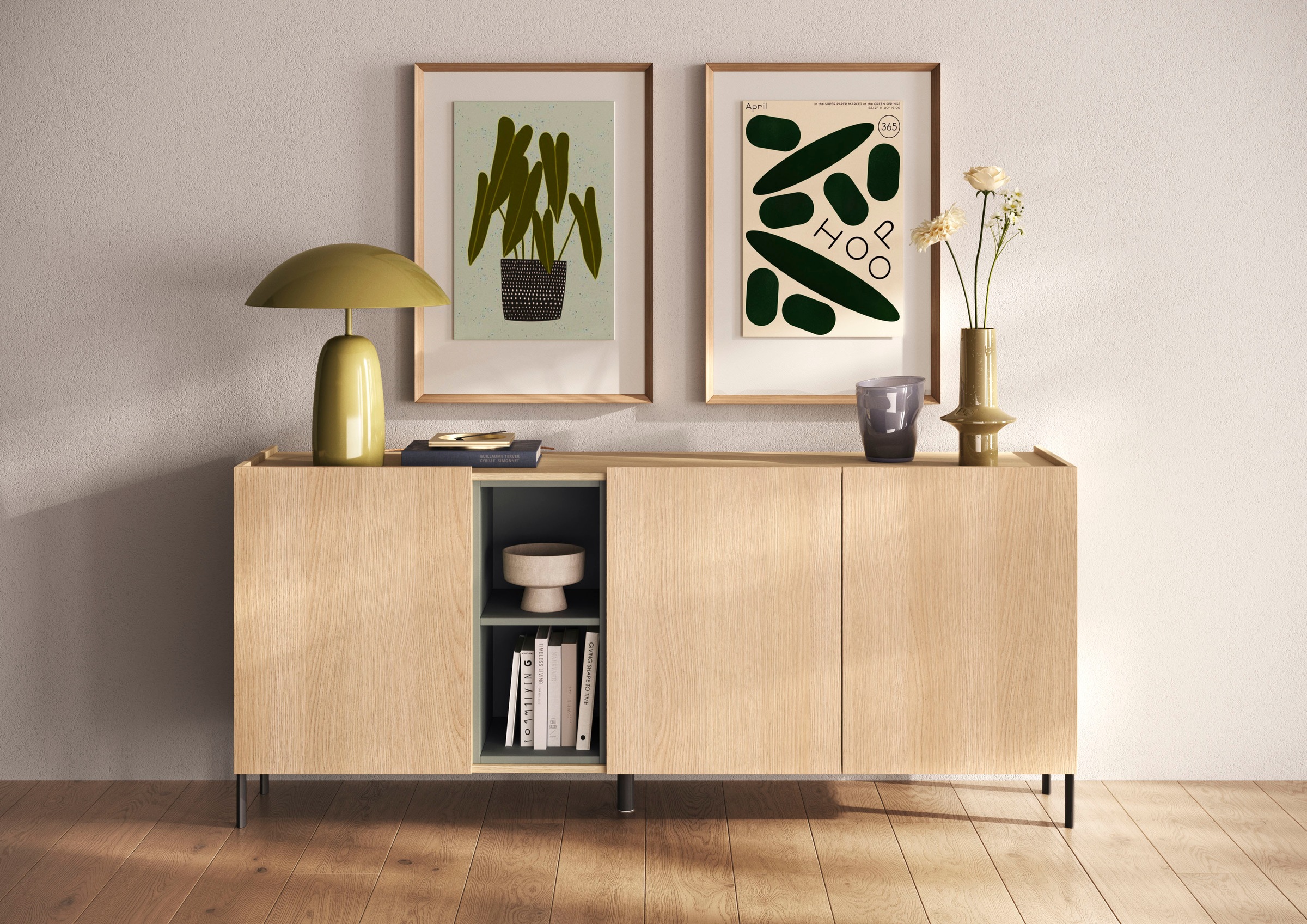 Image of GOODproduct Sideboard "Badia, 182 cm breit, 3 Türen, Anrichte, Kommode, Stauraumschrank" Innenliegendes Top, gerade Metallfüsse, salbeigrüne Farbakzente