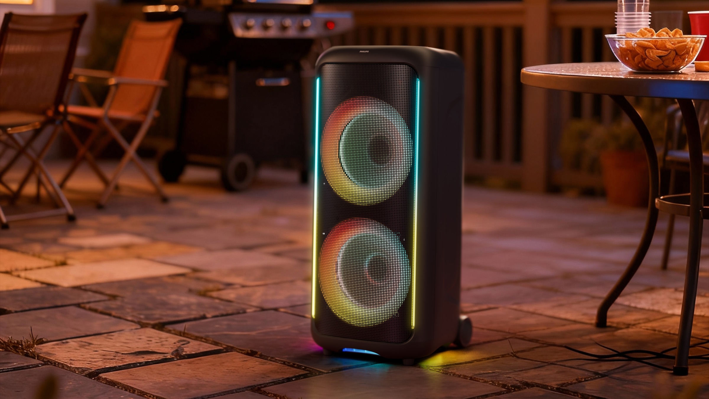 Philips Party-Lautsprecher »TAX5000E« Stereo (Bluetooth Bass- und Lautstärkeregelung | Beleuchtungseffekte | Extra Bass | Kabellos | Karaoke-fähig | Lautstärkeanpassung | Sprachsteuerung über das Smartphone | USB-Aufnahme 100 W)