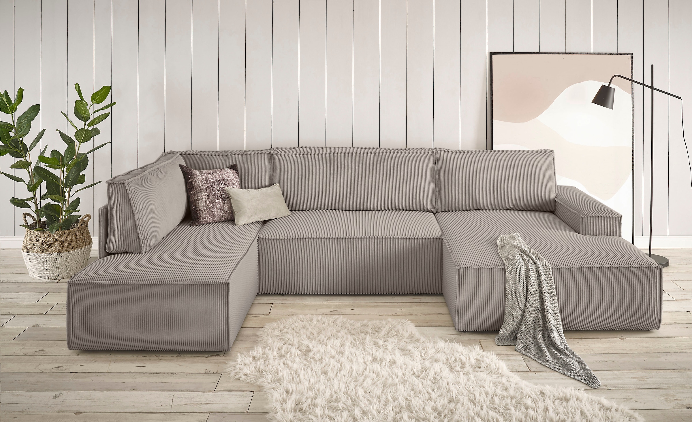 Home affaire Wohnlandschaft »SHERWOOD  329 cm, U-Form, Schlafsofa,« Schlaffunktion m. Bettkasten (194x139 cm), Cord, Vintage, Samtvelours