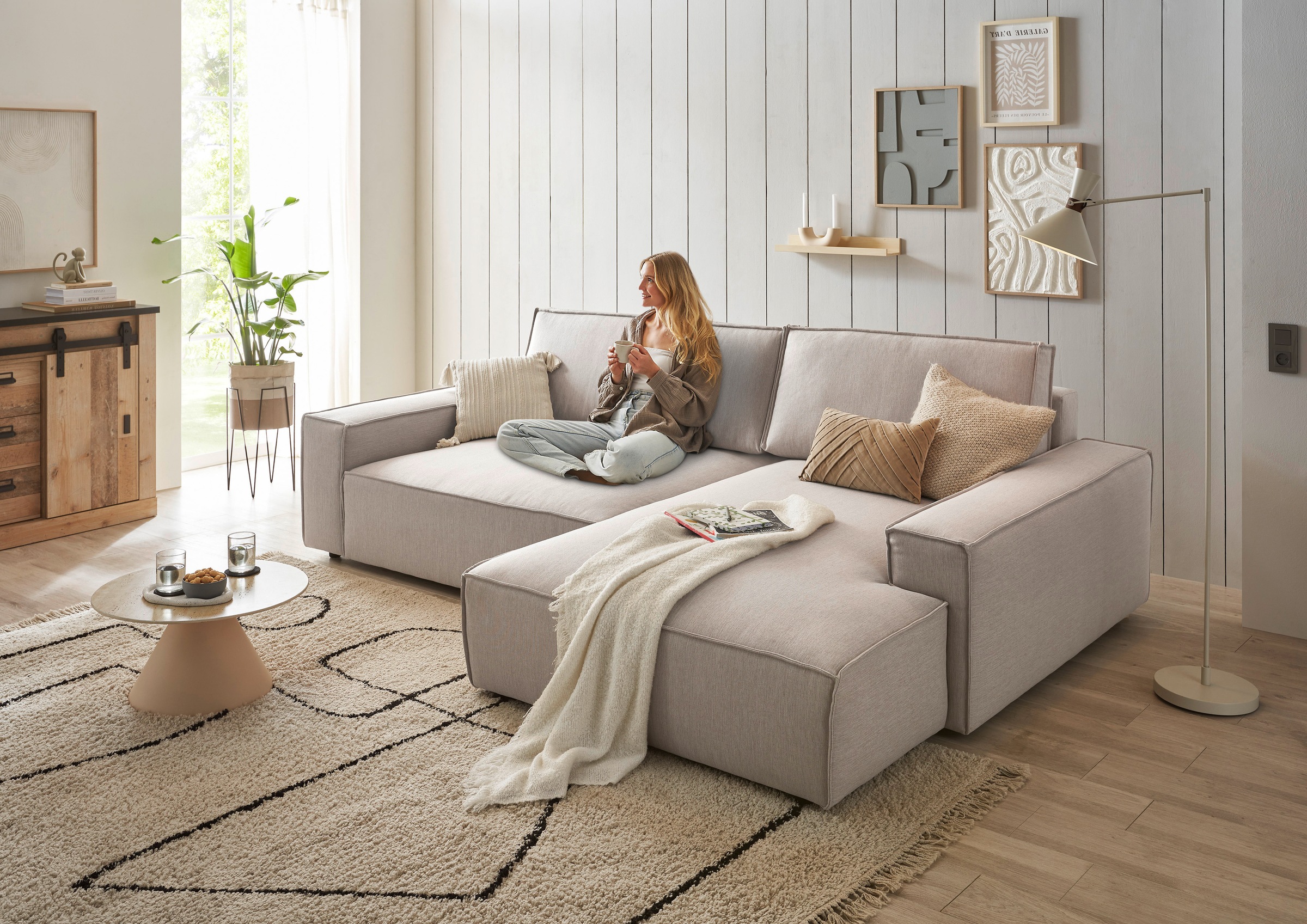 Home affaire Ecksofa »NEU: SHERWOOD XXL 284, Big-Sofa L-Form, tiefe Sitzfläche 95 cm, Cord«, Recamiere rechts/links, als Schlafsofa stellbar, Cord u. Leinenoptik
