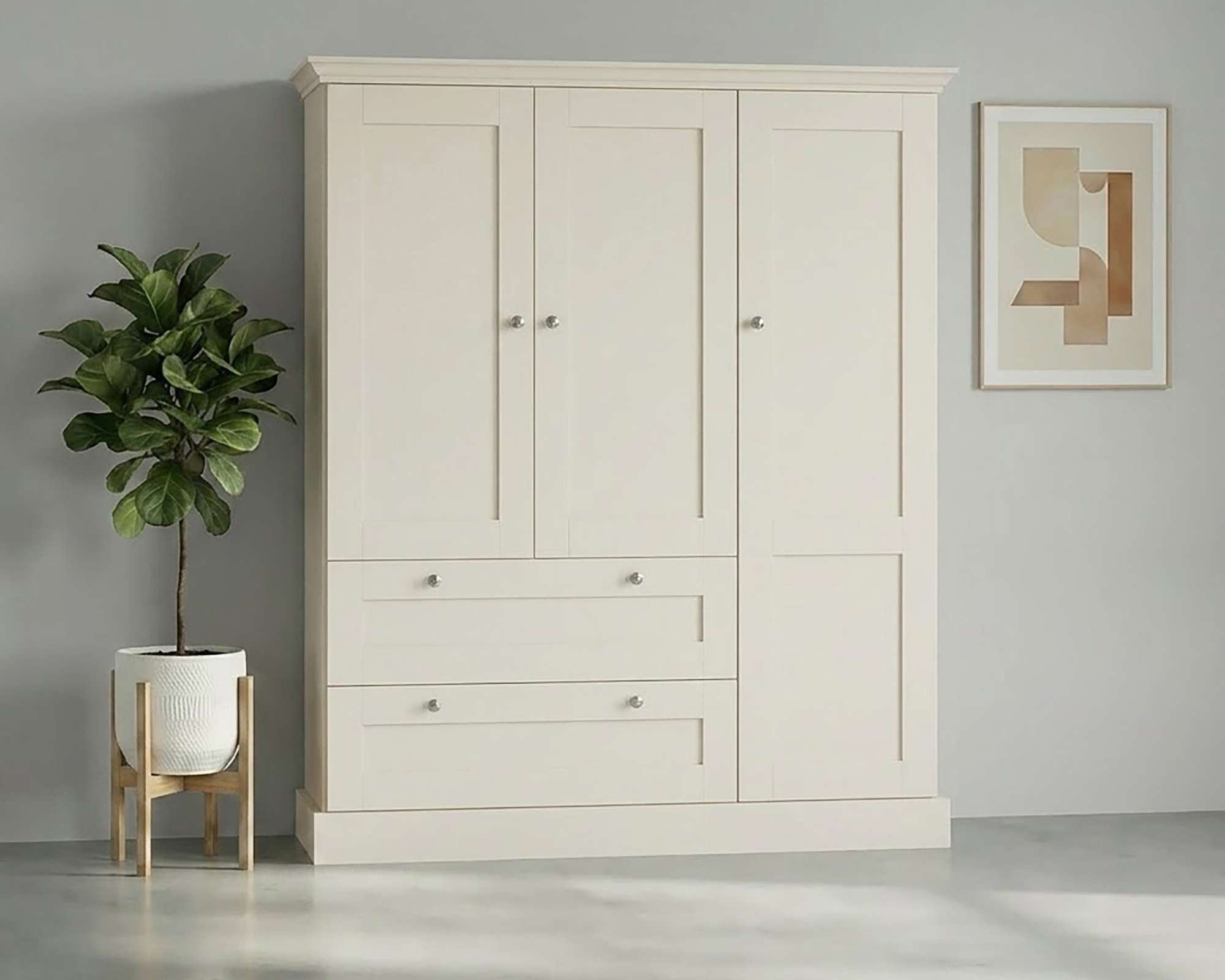 Image of GOODproduct Kleiderschrank "Binz, Wäscheschrank, Mehrzweckschrank, skandinavischer Landhausstil" B/H/T ca. 122/130/35 cm, viele Stauraummöglichkeiten, Metallgriffe, Türen mit Rahmen/ Kassetten