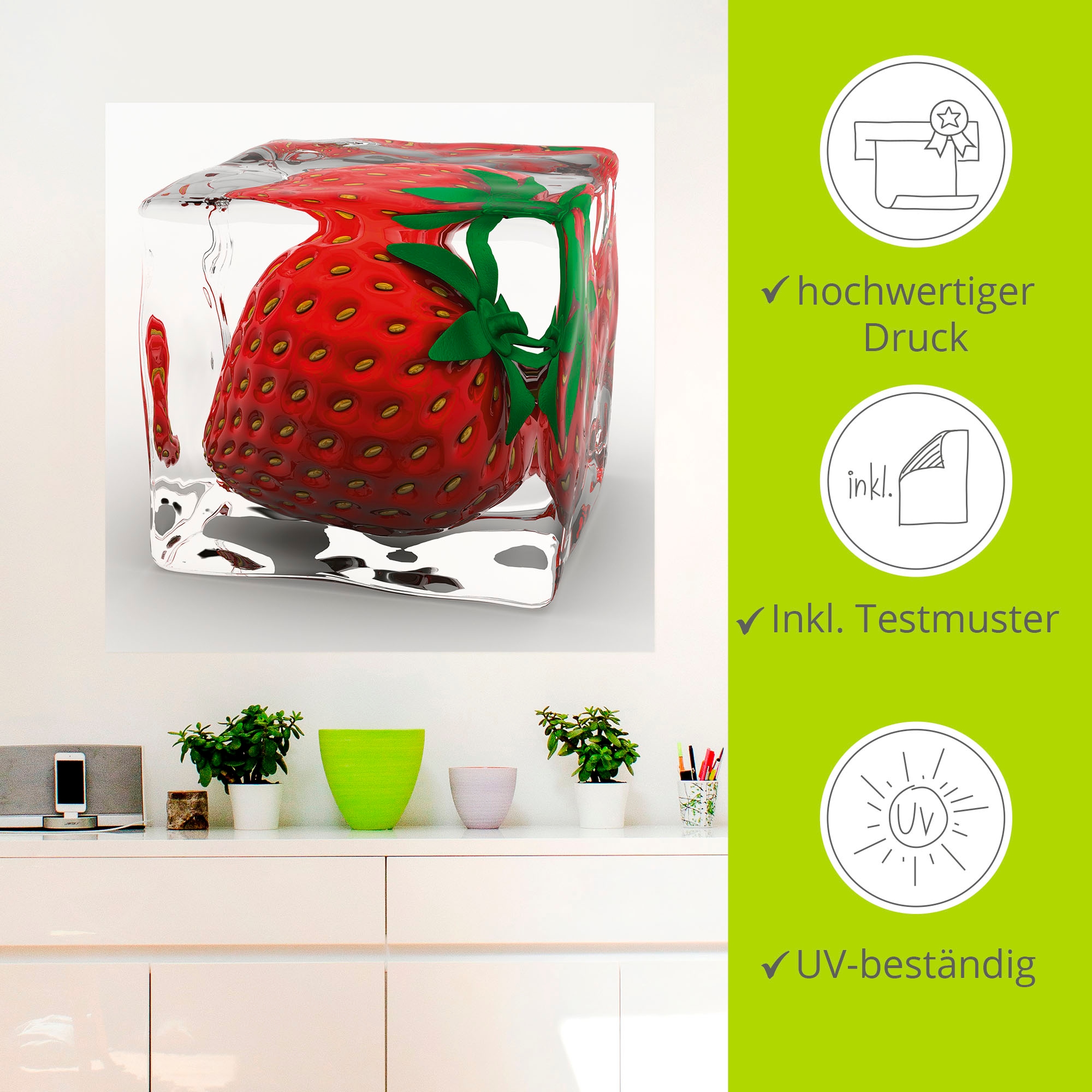 Artland Wandbild »Erdbeere in Eis«, Lebensmittel, (1 St.), als Leinwandbild, Wandaufkleber in verschied. Grössen